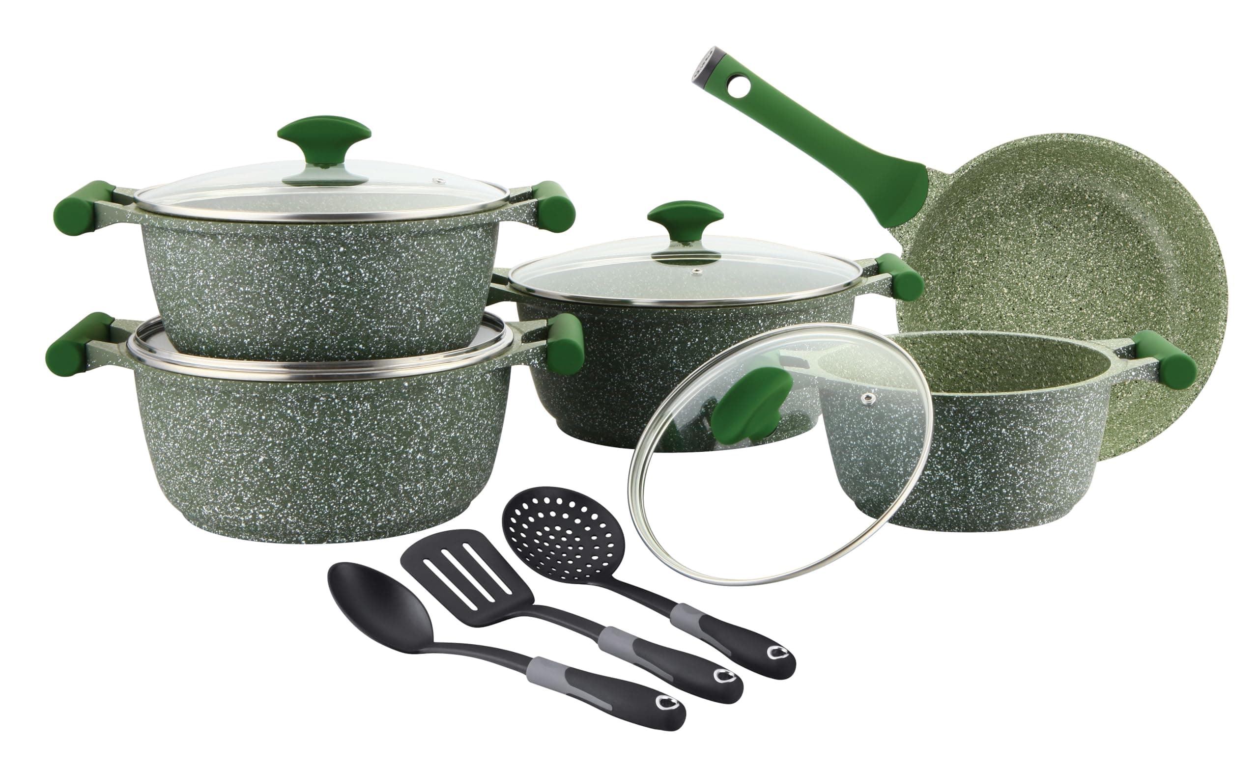 Essentials Granite 12 Piece Non-Stick Cast Aluminium Cookware sets | Induction Compatible Pots and Pans Set |Green - PR80963