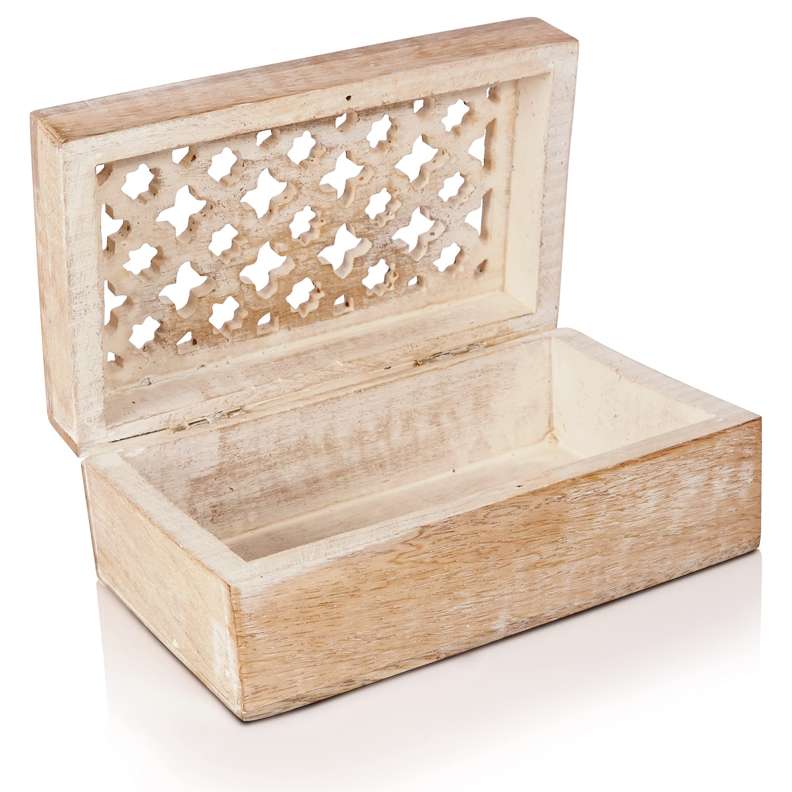 Mela Artisans Wood Keepsake Box with Hinged Lid in Trellis Design - Decorative Wooden Box Used as Storage Box, Stash Box, Jewelry Box, or Trinket Box - Whitewash Finish, 7.5 x 6 x 3 Inch, Medium