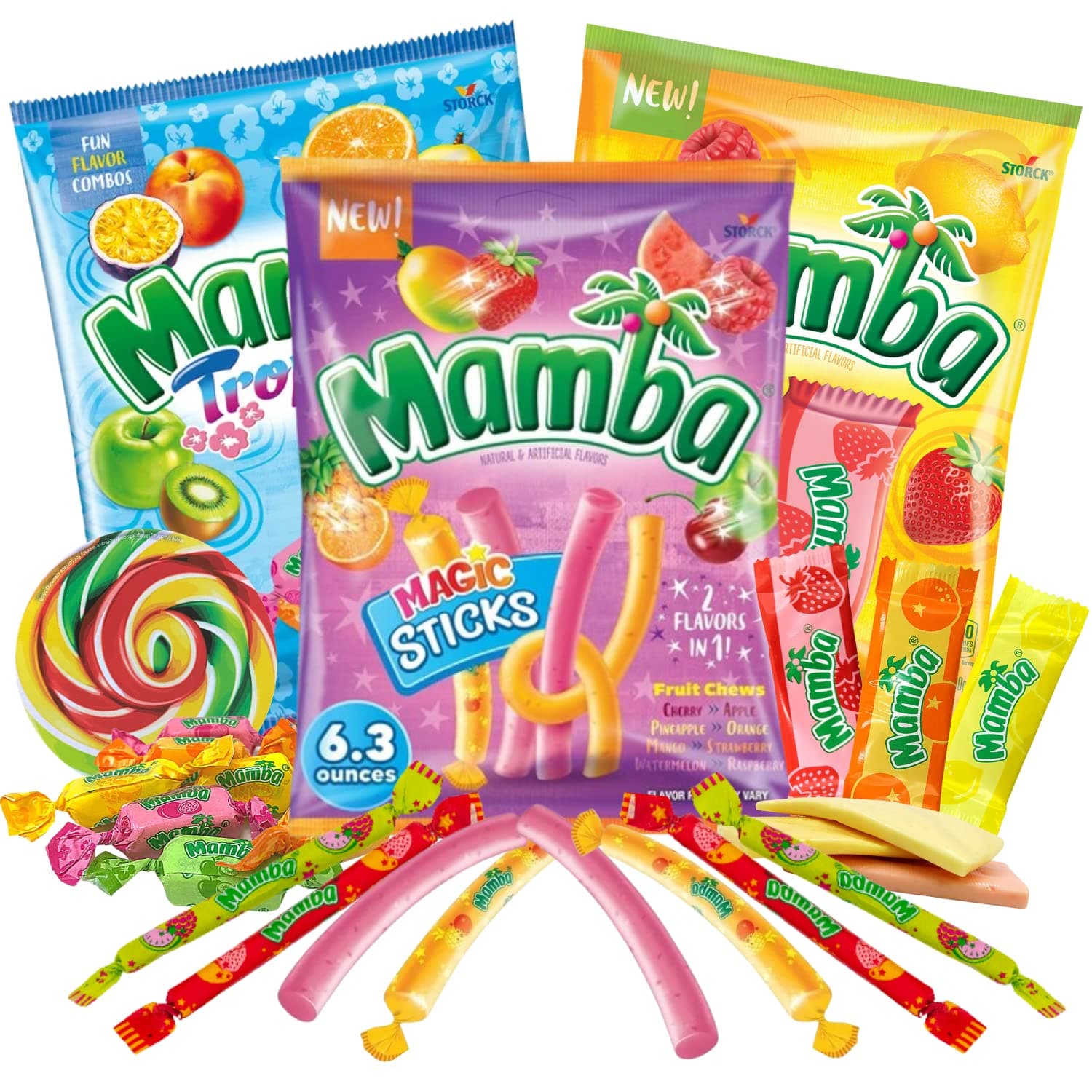 Mamba Chewy Candy Assortment, Tropical Chews, Fruit Strips, and Sticks, Individually Wrapped Flavored Treats, Pack of 3, 6.3 Ounces Each