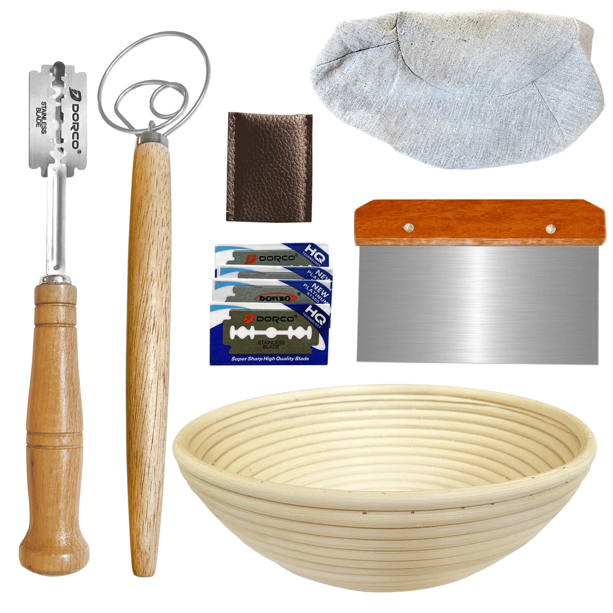 10inch Round Banneton Proofing Basket Set Bread Baking Kit, Dough Scraper, Bread Lame, Danish Dough Whisk Sourdough Proofing Basket Artisanal Bread Making Tools and Supplies Set (10inch round)