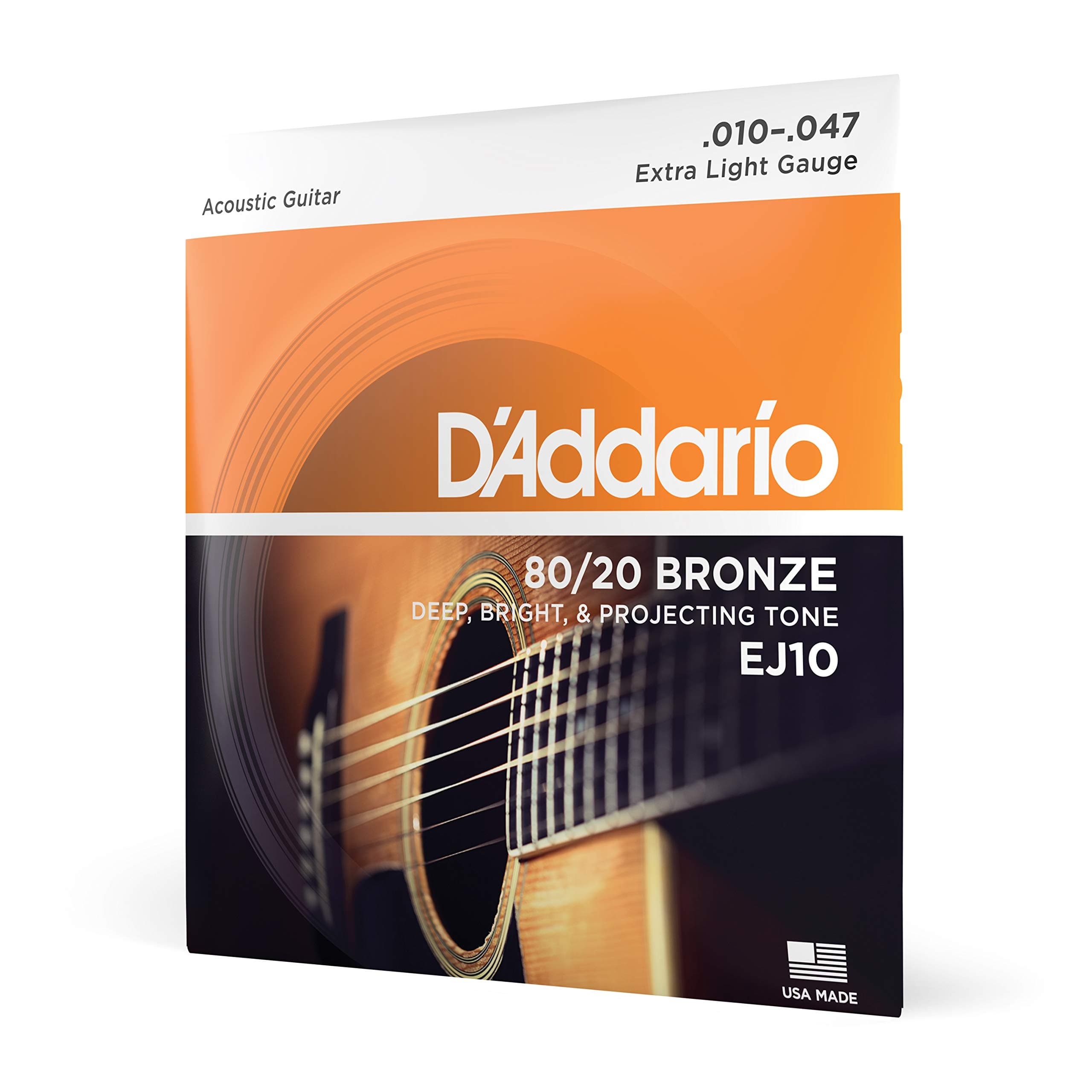 D'Addario EJ10 Bronze Acoustic Guitar Strings, Extra Light, 10-47 (Pack of 5)