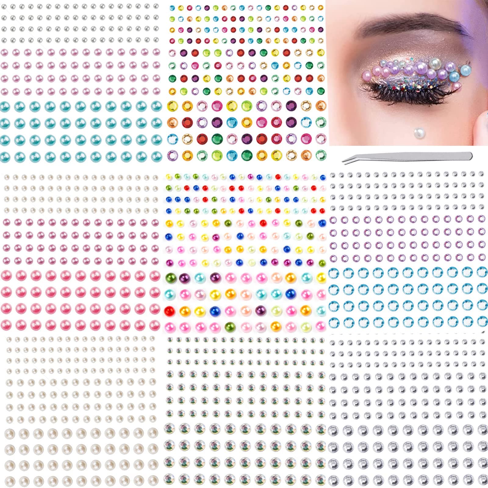 8 Sheets Face Jewels Eye Gems for Makeup, Flat Back Pearls Sticker, Makeup Pearl, Pearl Face Gems Stickers for Hair Nail Art Cell Phone DIY Crafts Scrapbooking(Pearl +Jewel Stickers)