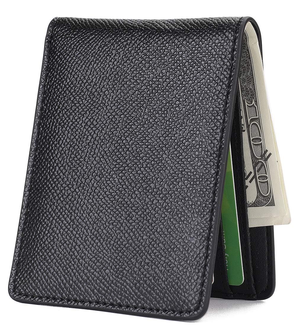 Mens Slim Front Pocket Wallet ID Window Card Case with RFID Blocking - Pebble-Grain Black