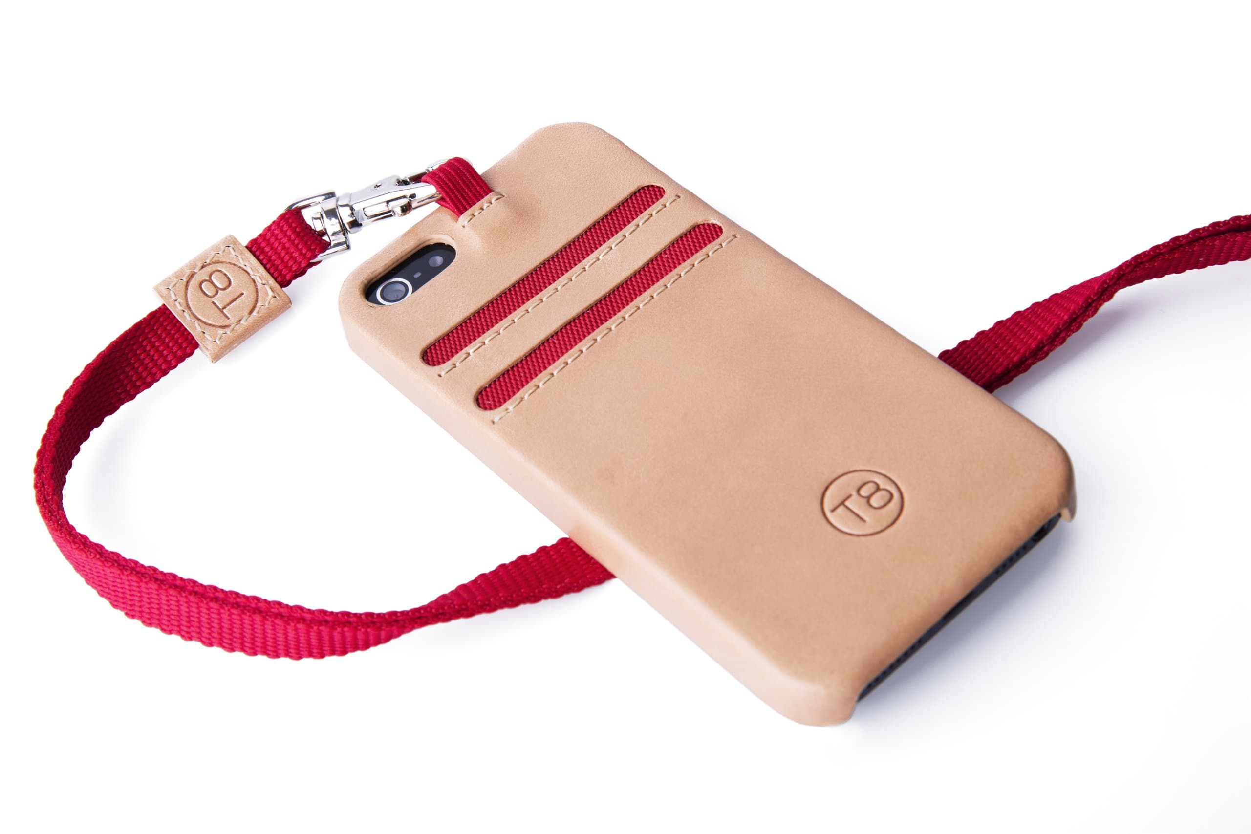 T8 STORM iPhone 5/5S Leather Wallet Case with Lanyard - Tan leather with Red trim.