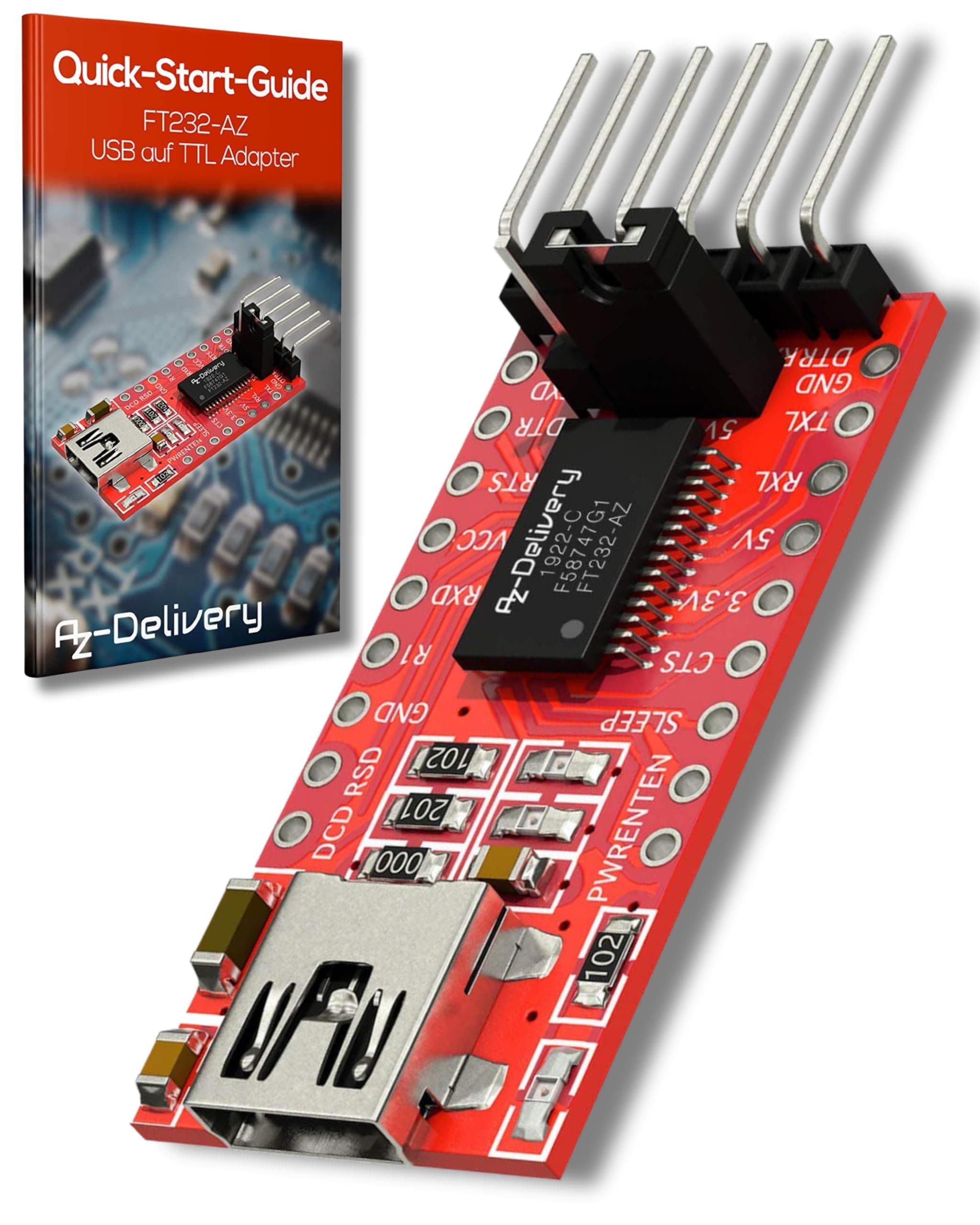 AZDelivery FT232RL Mini USB to TTL Serial Converter Adapter Module 3.3V 5.5V FT232R Port DTR RX TX VCC CTS GND Pin compatible with Arduino and Raspberry Pi including E-Book!