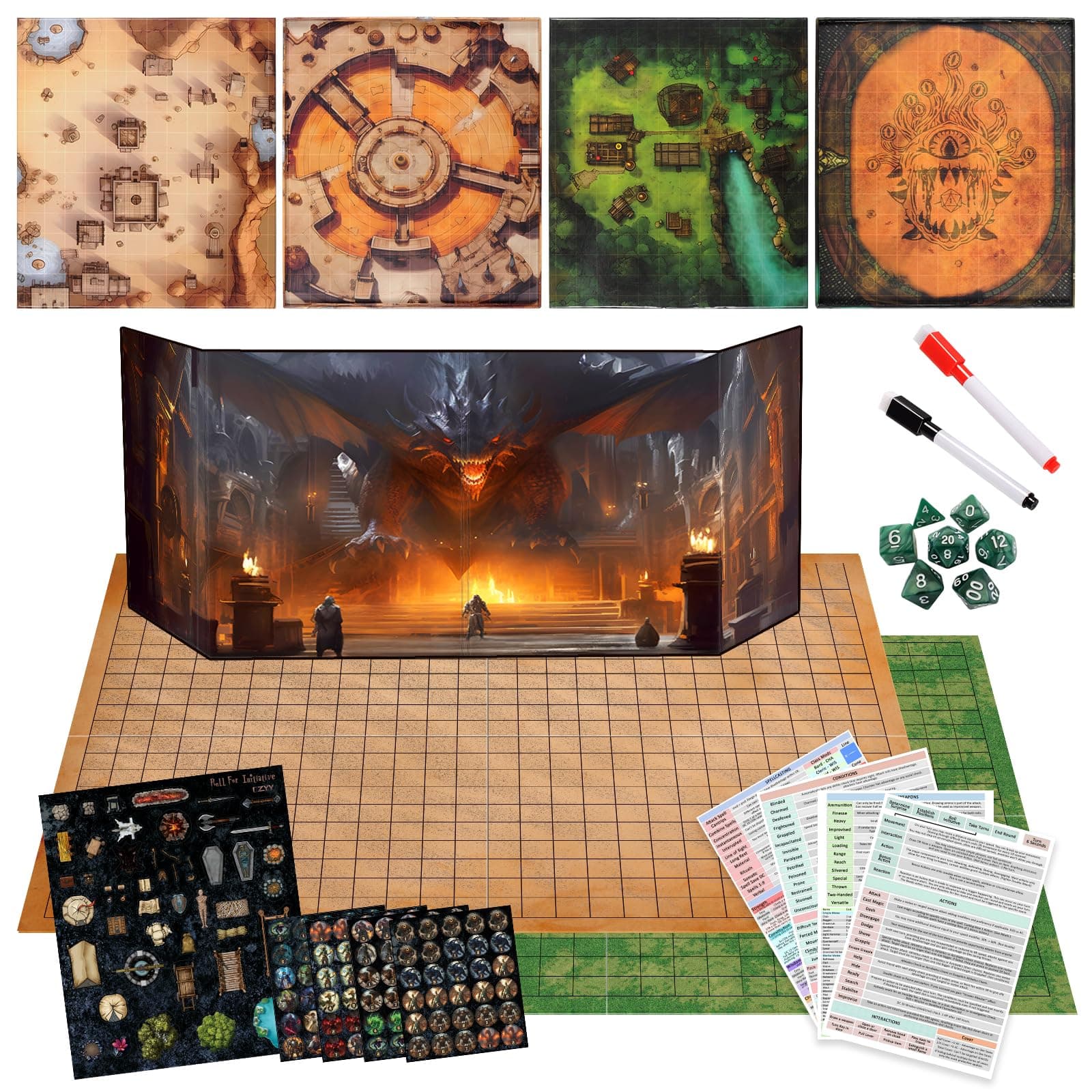 CZYY Foldable Battle Mat with DM Screen, Game Tokens, Dice Set - 2-Sided Wet & Dry Erase Terrain, Ultimate DND Starter Set, Accessories, Gift for Dungeon Master & Player