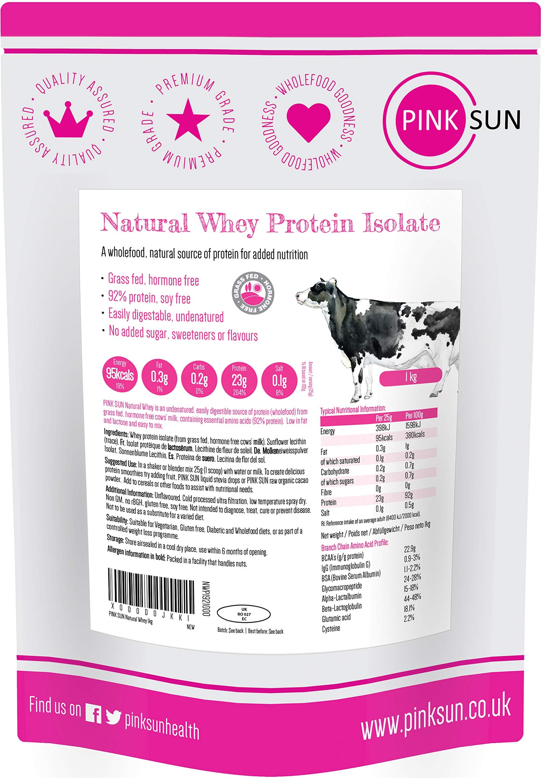 Whey Protein Isolate Powder Unflavoured 1kg (92% Protein) Soy Free Grass Fed Gluten Free No Additives Vegetarian Undenatured Non GM Unsweetened Natural Whey UK 1000g