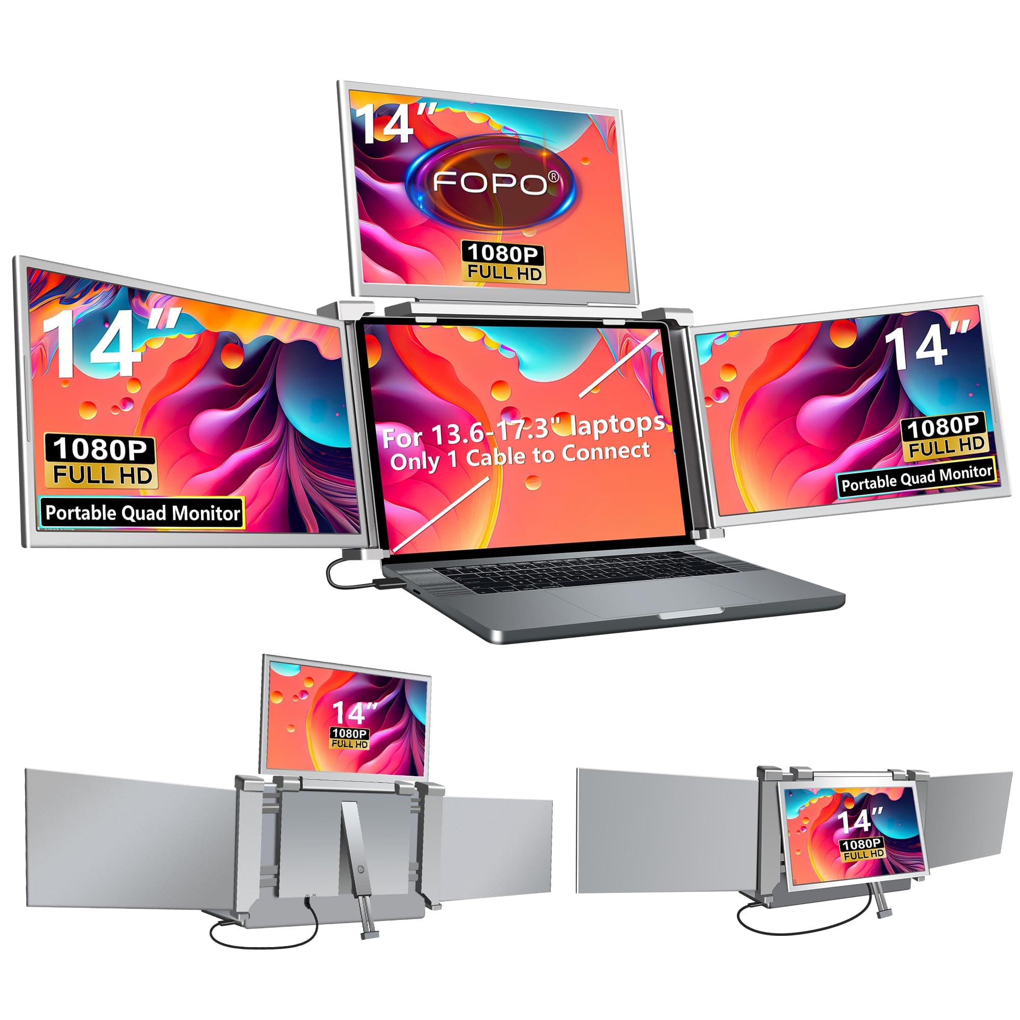 FOPO 14" Laptop Screen Extender Monitor Portable, Quad Monitor, Just 1 Cable for 3 Screens, FHD 1080P IPS Laptop Extender Compatible with Wins/Mac(M1 M2 M3) for 13.6" - 17.3" Laptops