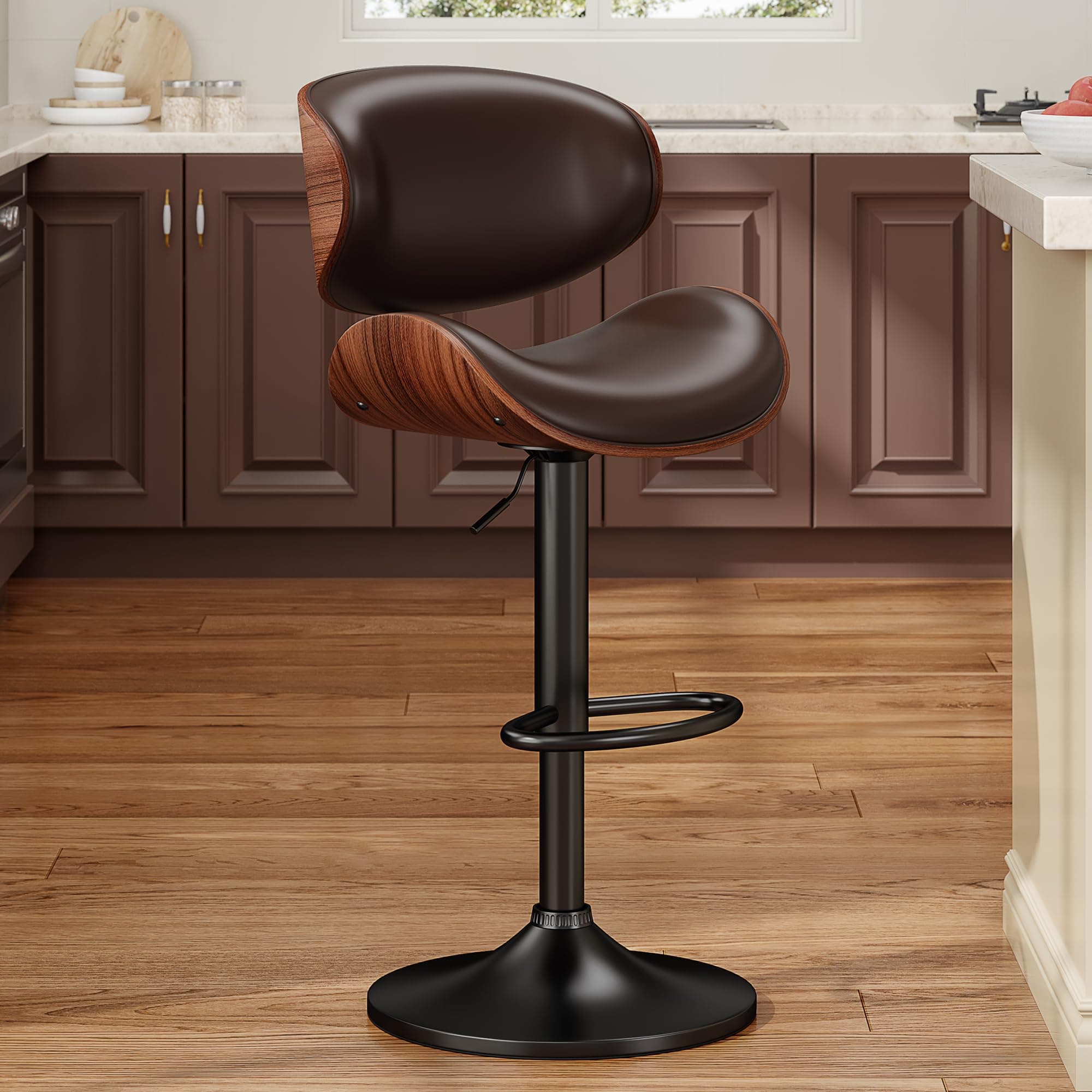 Swivel Bar Stools for Kitchen Counter, Adjustable Bentwood Barstools, Modern PU Leather Upholstered Bar Stool with Back and Footrest, for Bar, Kitchen, Dining Room (Brown 1PCS)