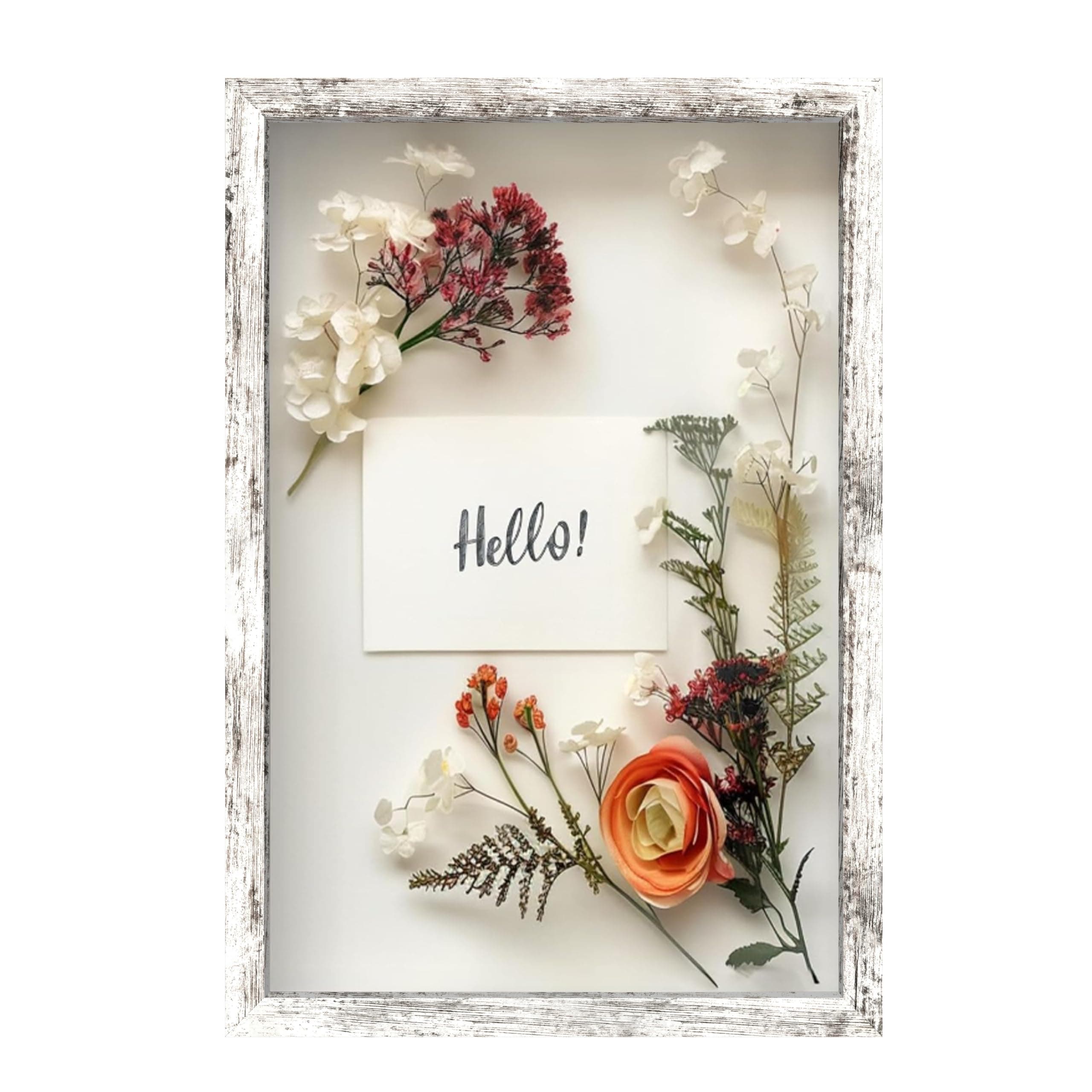 FrameWorks 12" x 18" White Driftwood Wooden Shadow Box Frame – Soft Felt Back, Tempered Glass, and Included Elegant White Ball Push Pins