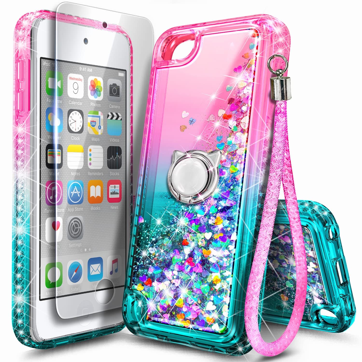 NGB Designed for iPod Touch 7th Generation Case & 6th/5th, Pink/Aqua | Glitter Liquid Bling Sparkle Cute Cover for Women Girls Kids | with Screen Protector & Ring Holder & Wrist Strap Lanyard