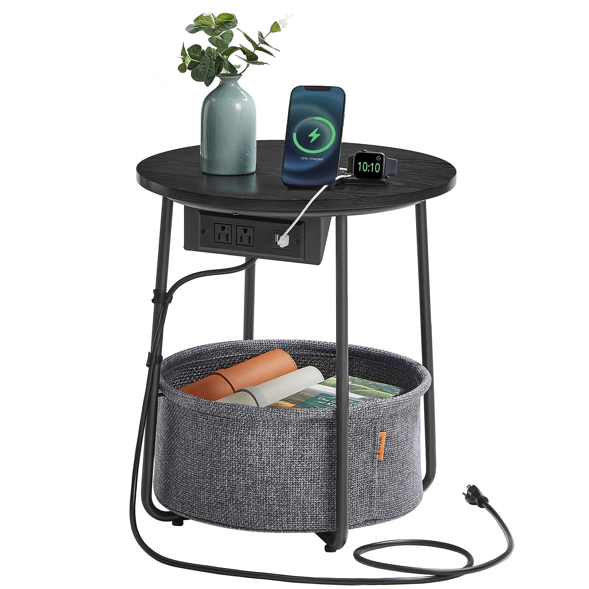 VASAGLE LILEA Collection - Side Table with Charging Station, Round End Table with Fabric Basket, Nightstand with USB Ports, for Living Room, Bedroom, Modern, Ebony Black and Slate Gray ULET228B01