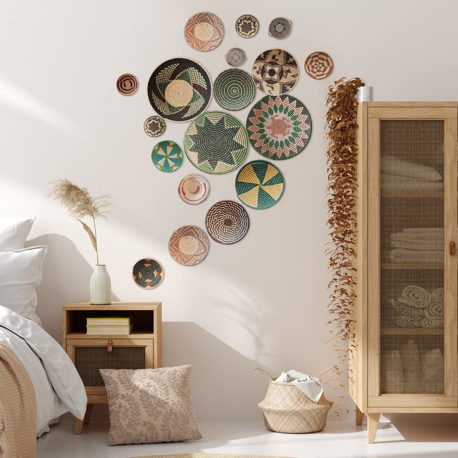 Glenmal 18Pcs Boho Basket Wall Decals Round Sticker Modern Decor Peel and Stick Removable Stickers Rustic Art for Bedroom Office, Only (Boho Style)