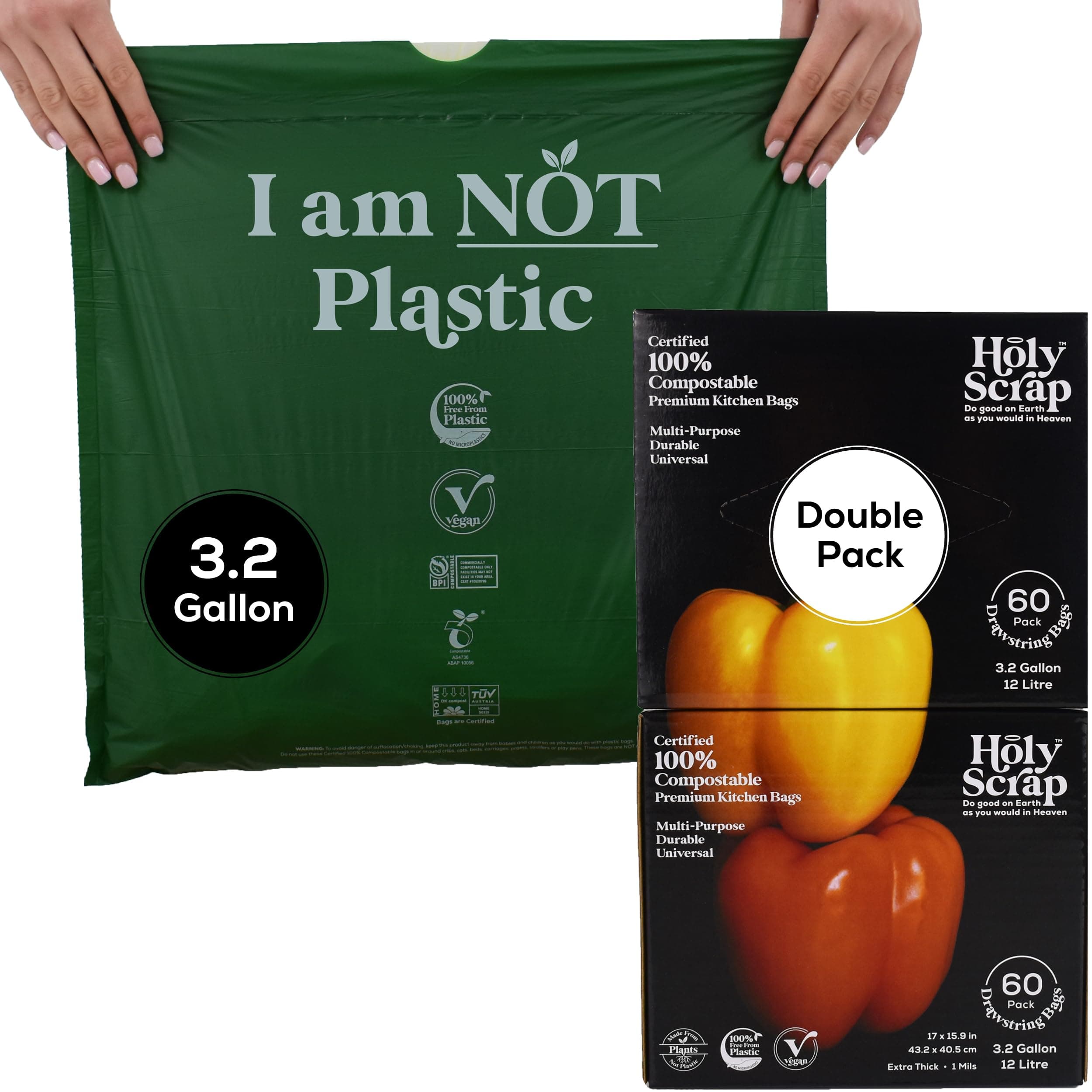 100% Compostable Trash Bags 3.2 Gallon - 120 Pack - Small Drawstring Compost Bags, Eco Friendly Food Scraps Recycling Bag for Kitchen Waste Bin - BPI Certified, OK Compost Home