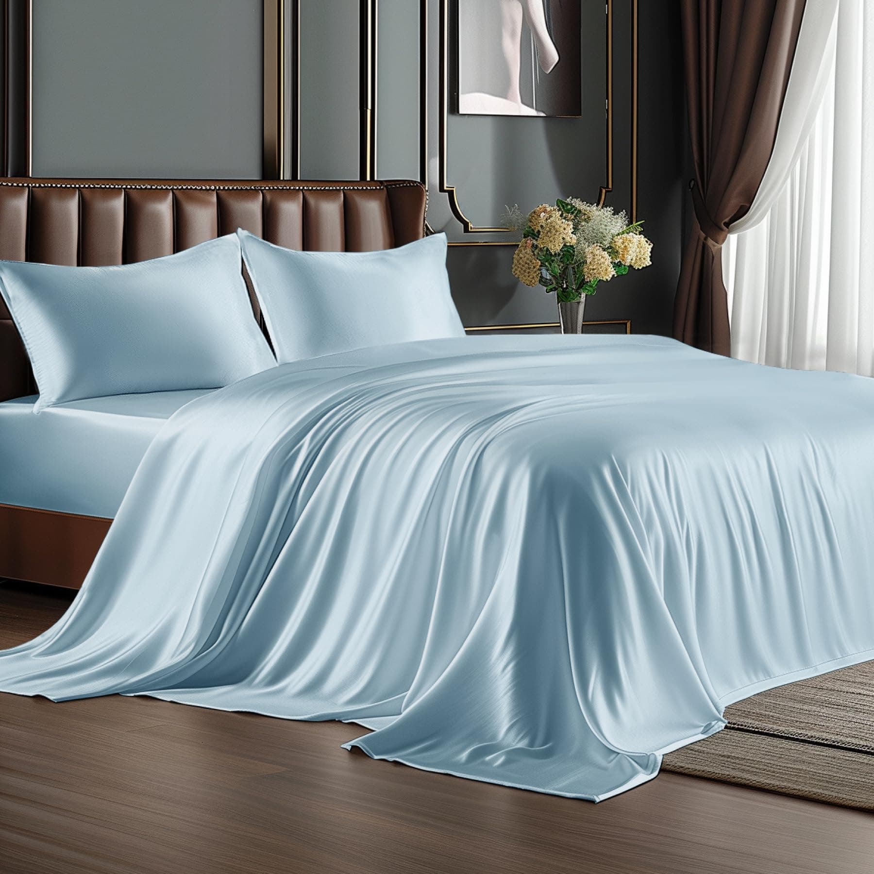 BEDELITE Satin Sheets Full Size Bed Set, Luxury Soft Light Blue Silky Sheet for Hair and Skin, Similar to Silk Bed Sheets Set 4 Pieces with 1 Deep Pocket Fitted Sheet, 1 Flat Sheet, and 2 Pillowcases