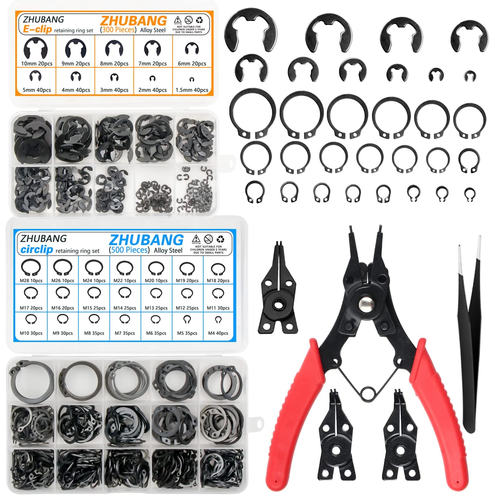 ZHUBANG 800Pcs C-clip External Retaining Rings Snap Rings Assortment Kit Circlip Alloy Steel(M4-M28) + E-clip Assortment Set(1.5mm-10mm) + 5Pcs Snap Ring Plier + Tweezer