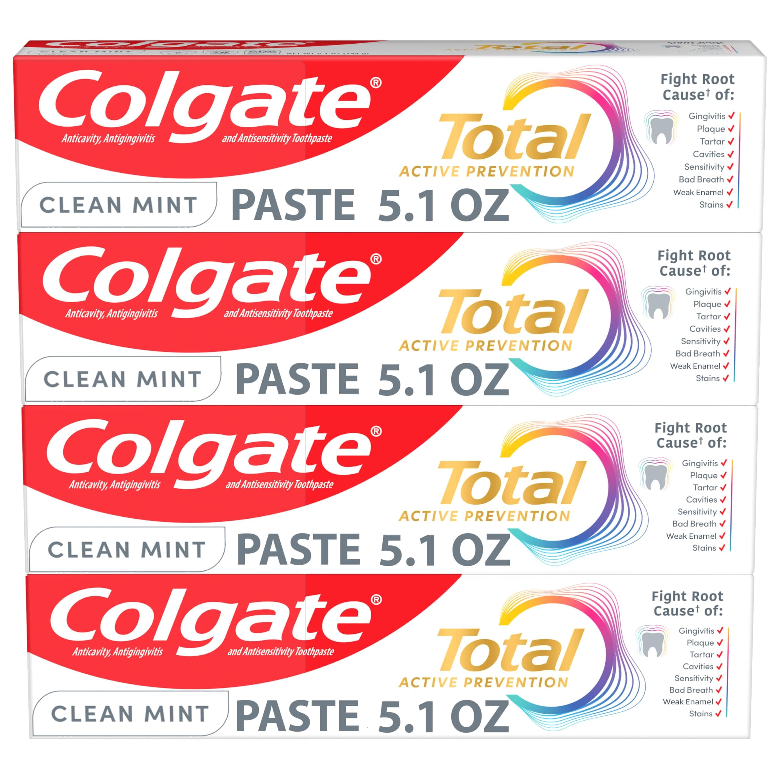 Total Active Prevention Clean Mint Toothpaste, Anticavity Fluoride Toothpaste, Clinically Proven Formula That Fights Plaque Bacteria, Mint, 4 Pack, 5.1 oz