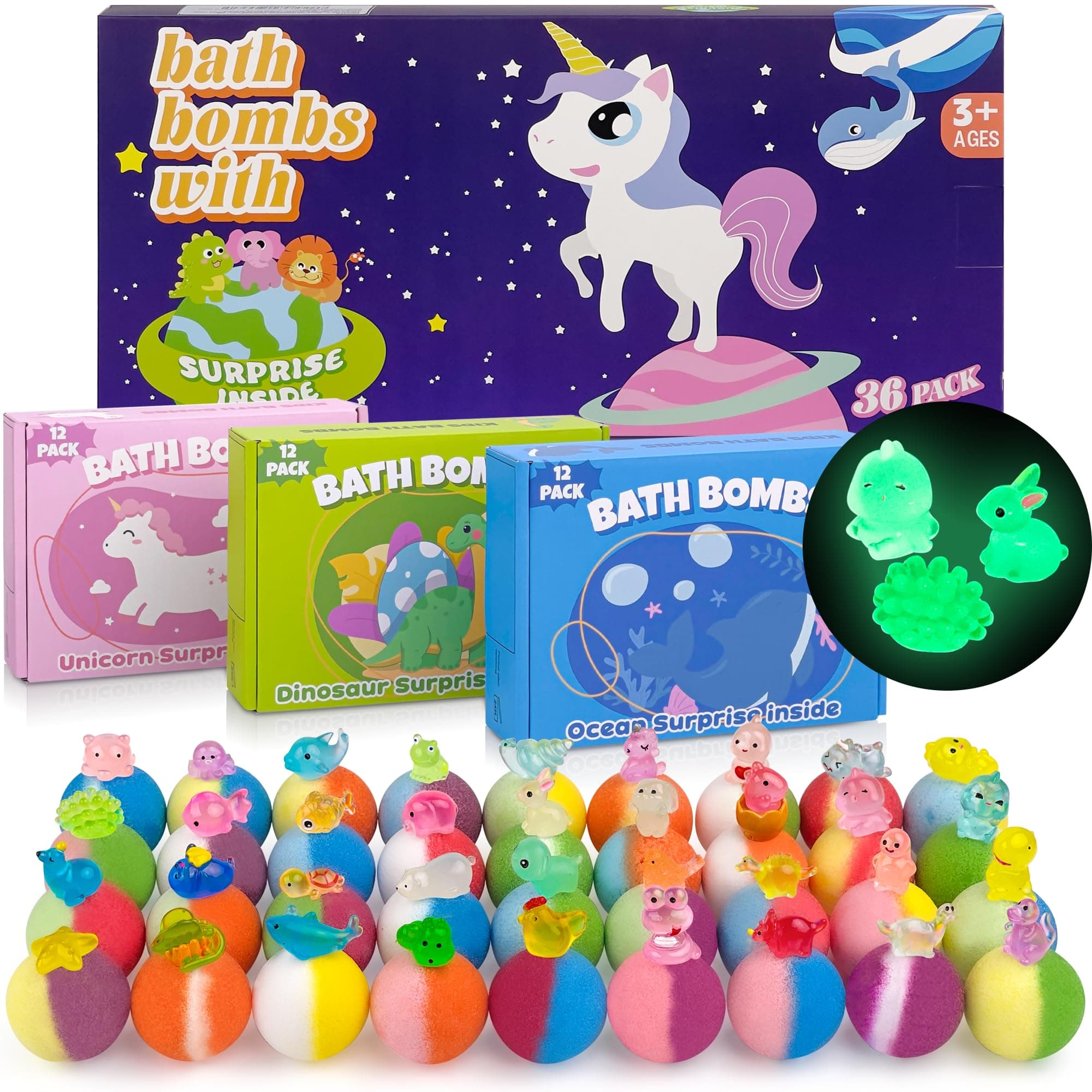 Bath Bombs for Kids with Toy Inside, 36 Pcs Bath Bombs with Glow in The Dark Dinosaur, Animal and Ocean Surprise Inside, Handmade Organic Bubble Bath Ball Gift Set for Birthday, Easter, Christmas