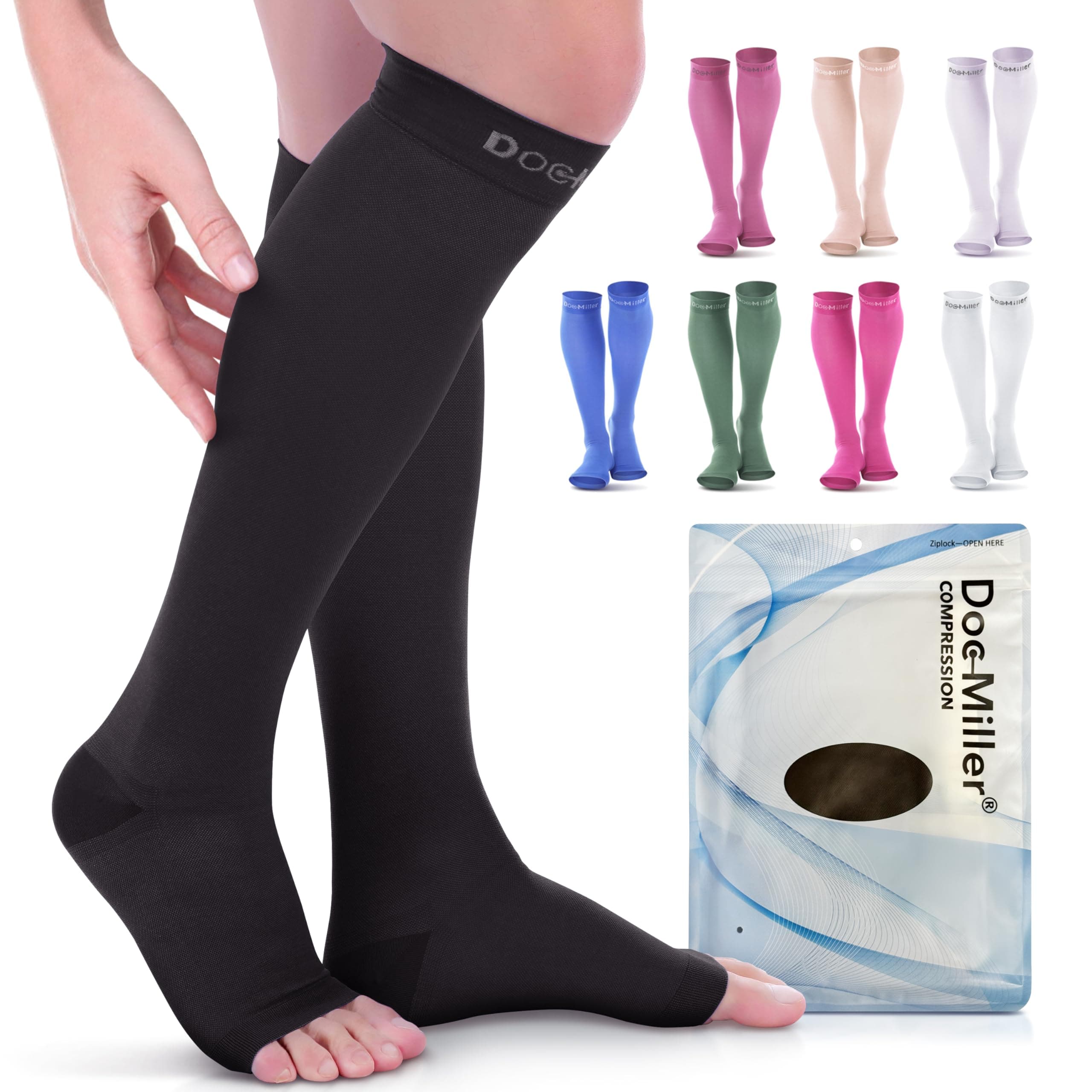 Doc Miller Ope Toe Compression Sleeve 1 Pair 20-30mmHg Strong Calf Support Multiple COLORS Graduated Pressure for Sports Recovery Shin Splints Varicose Veins (Black, Large)