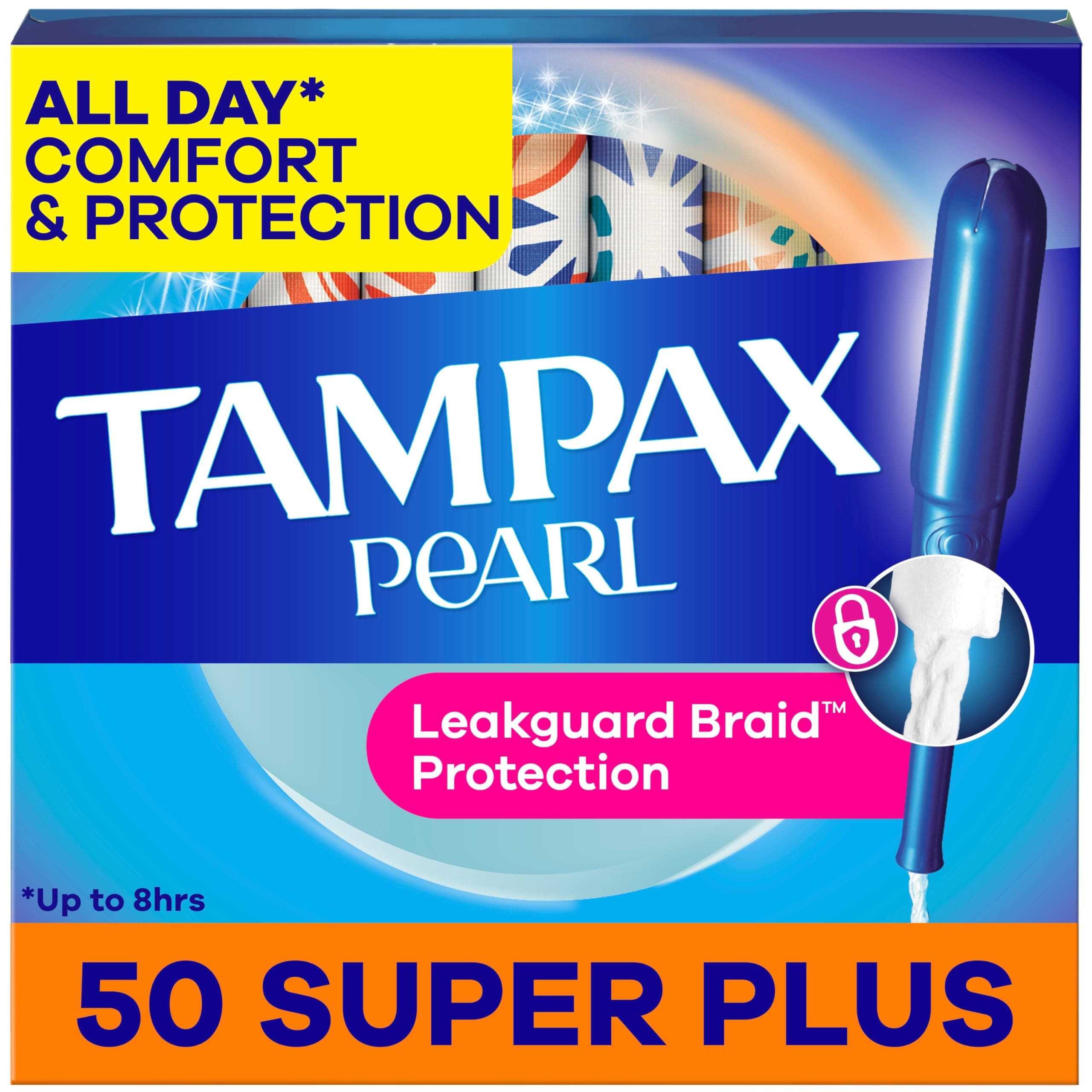 Tampax Pearl Tampons Super Plus Absorbency, with Leakguard Braid, Unscented, 50 Count