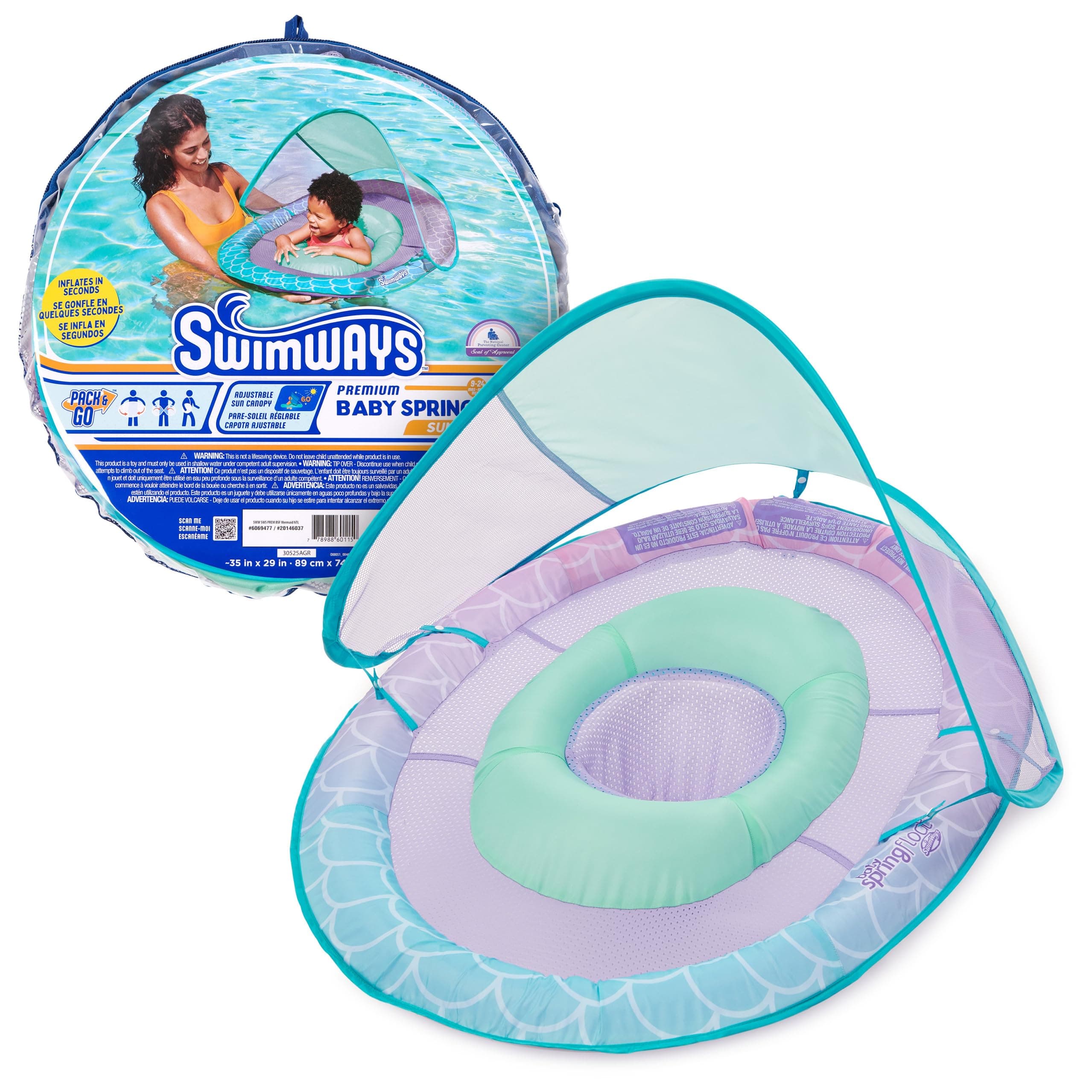 SwimWays Baby Spring Float with Adjustable Canopy and UPF Sun Protection, Blue Lobster