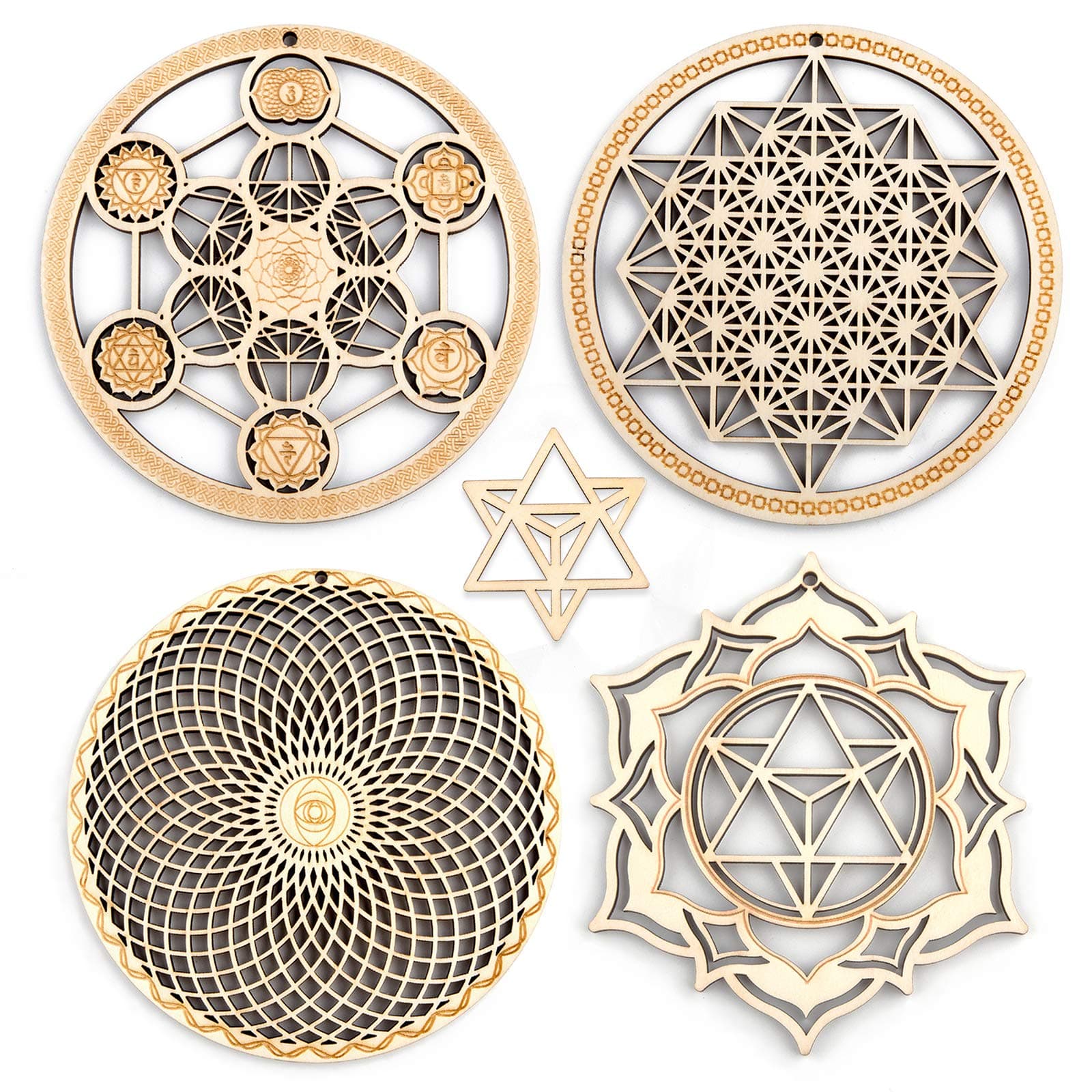 Qallicon 5.31" Sacred Geometry Wall Art 4 PCS Set, (Metatron Cube, 64 Tetrahedron, Torus, Merkaba) Crystal Grid Meditation Chakra Wooden Wall Art Yoga Decor Spiritual Gifts