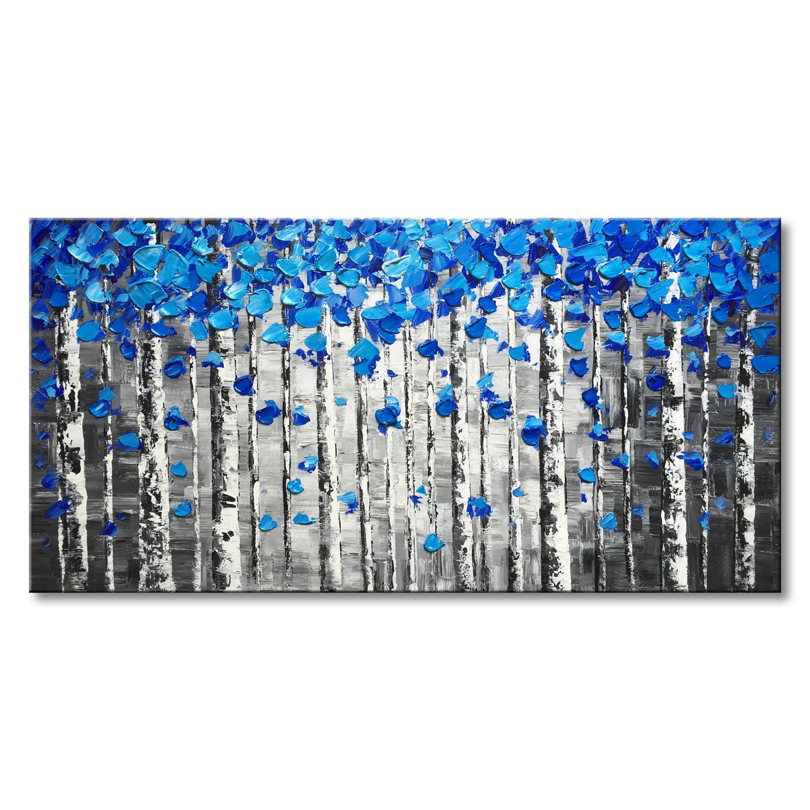 Textured Forest Abstract Canvas Wall Art Hand Painted Modern Blue Tree Oil Painting for Decoration
