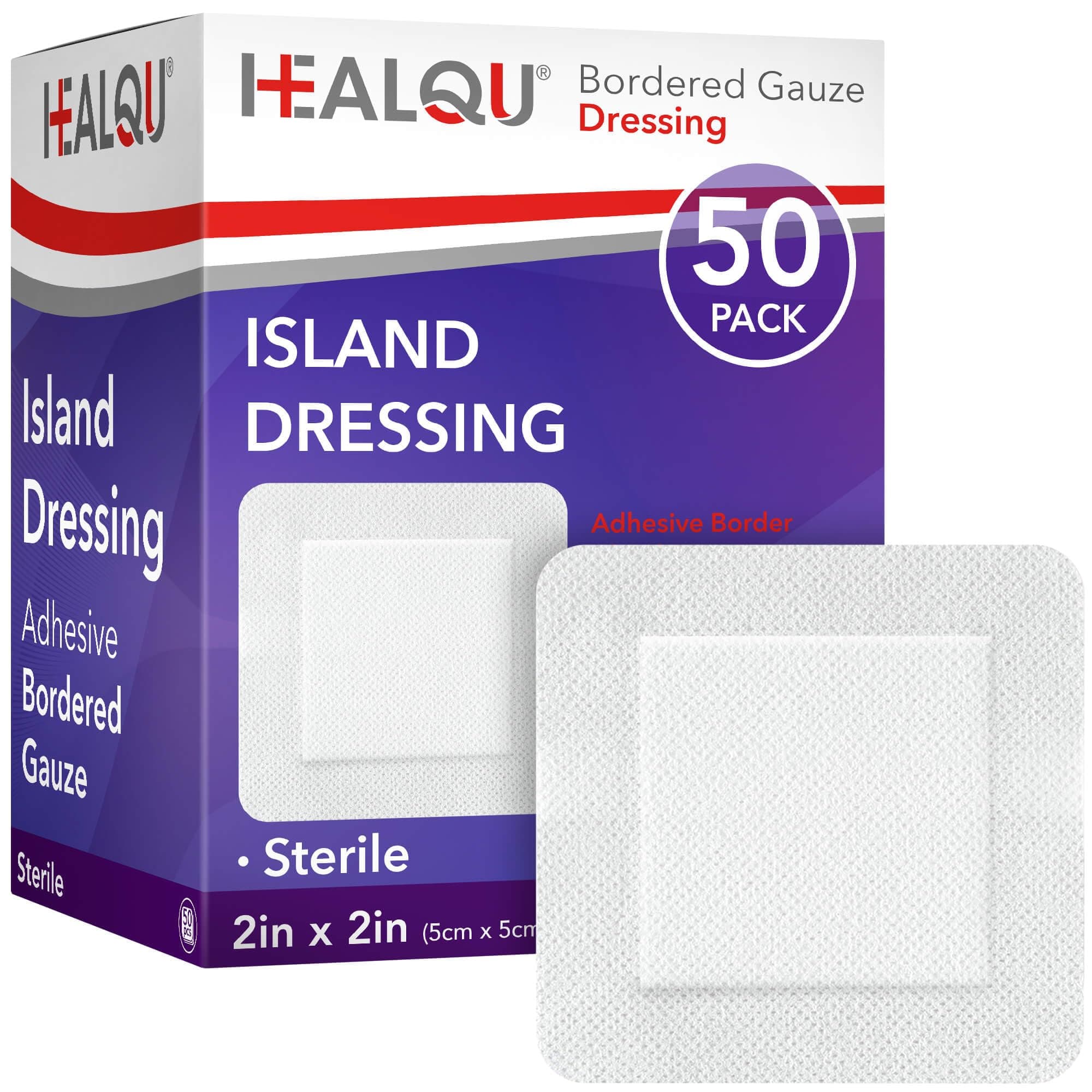 Bordered Gauze Island Dressing - 50 Count, 2" x 2" Sterile Individually Wrapped Gauze Pads with Water-Resistant, Non-Woven Backing - Soft and Breathable Wound Dressing for First Aid and Medical