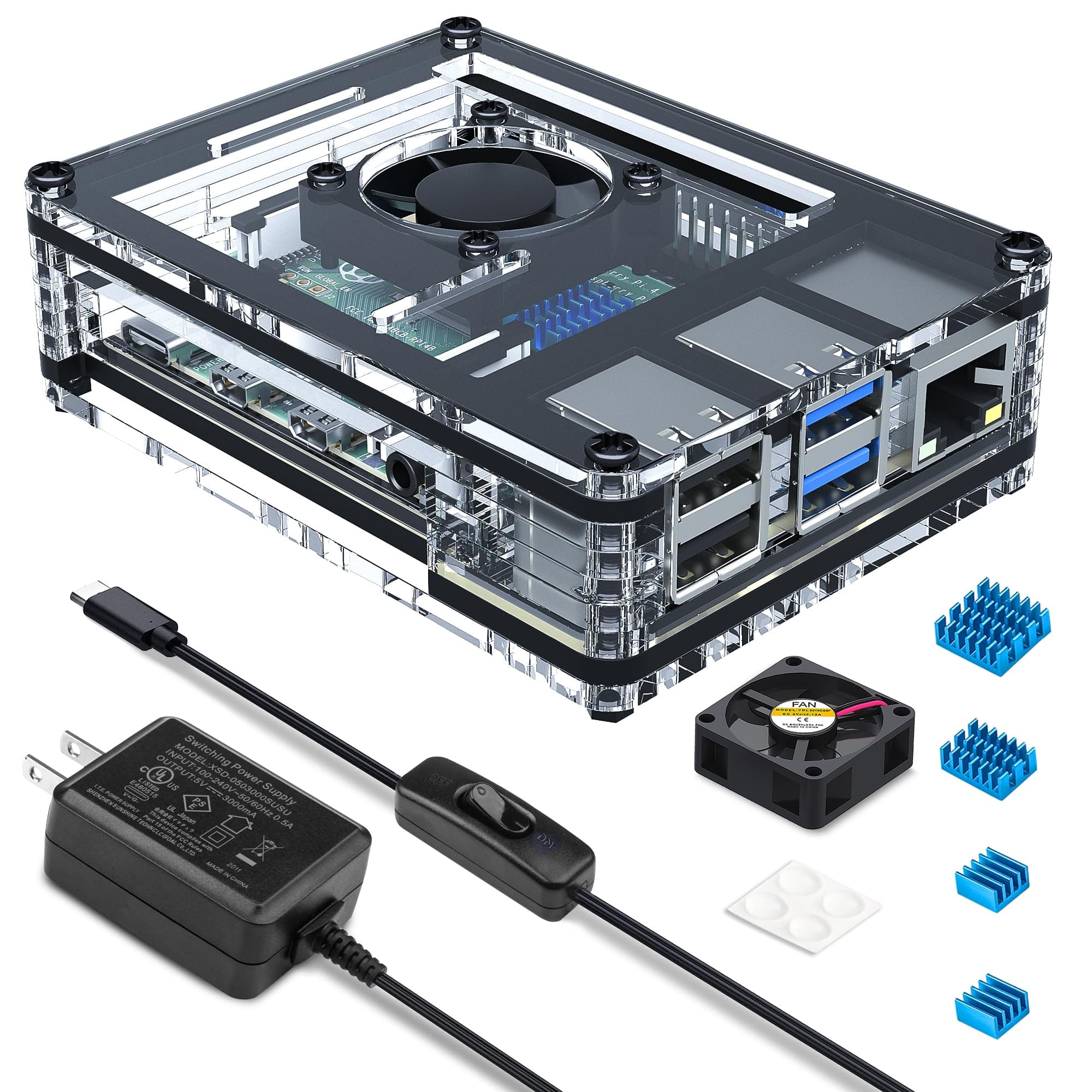 Miuzei Case for Raspberry Pi 4 with Fan Cooling Pi 4B Case with 5V 3A Power Supply, 4 pcs Aluminum Heatsinks Support Pi 4 Model B 8gb/4gb