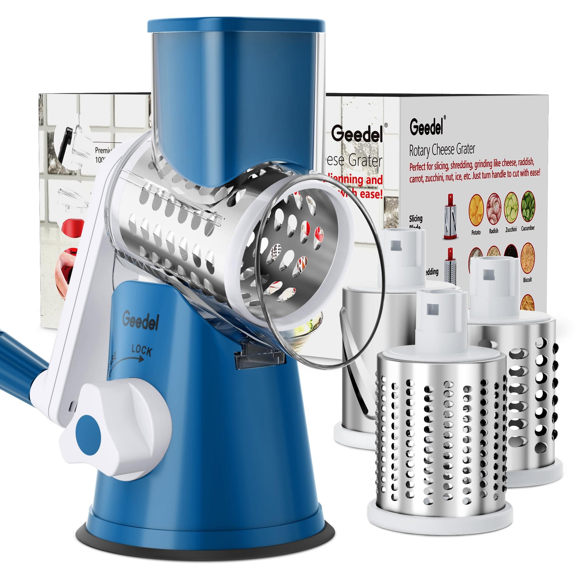 Rotary Cheese Grater, Kitchen Mandoline Vegetable Slicer with 3 Interchangeable Blades, Easy to Clean Rotary Grater Slicer for Fruit, Vegetables, Nuts