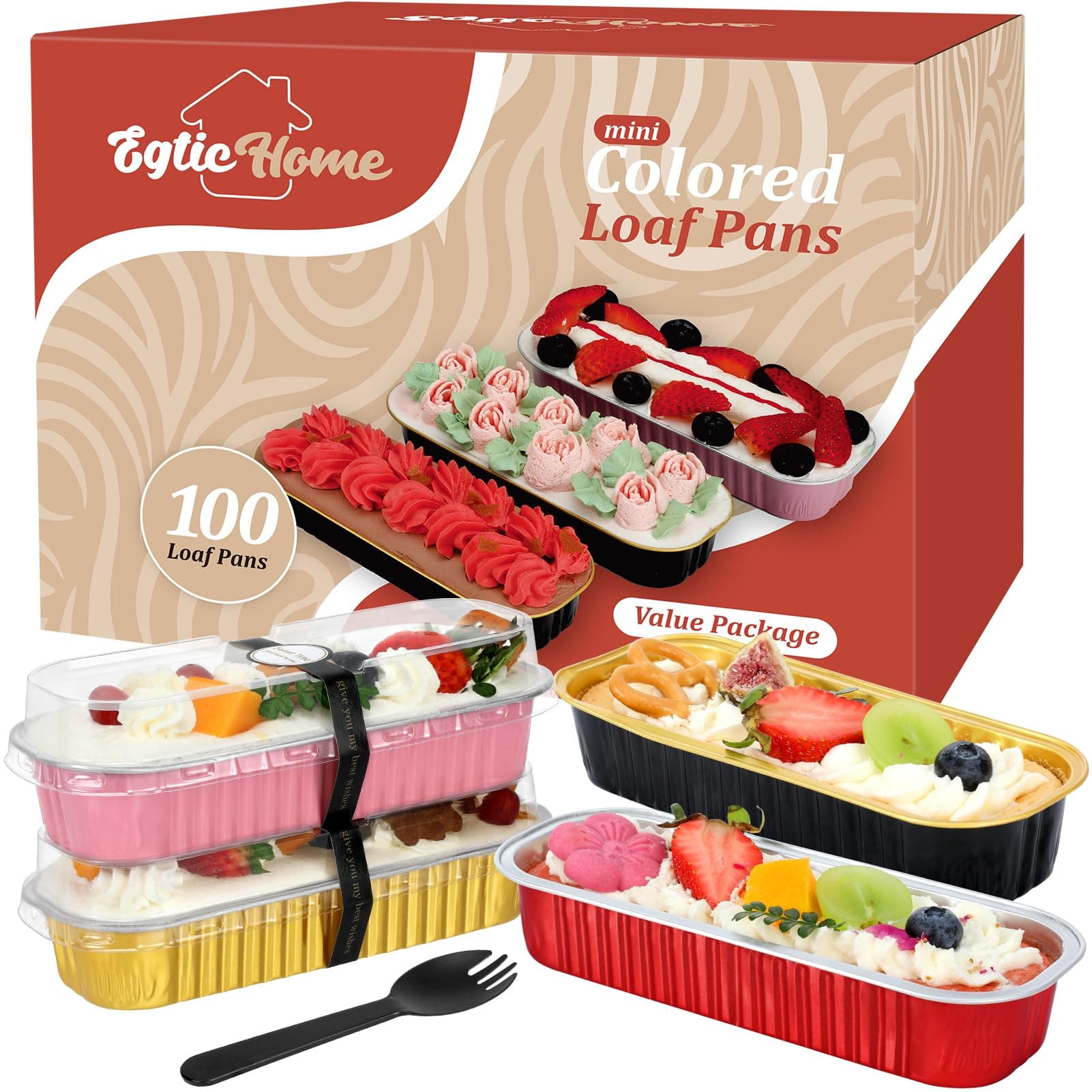 Mini Loaf Pans with Lids and Spoons (100 Pack, Mixed color, 6.8oz) Rectangular Aluminum Foil Baking Pans
