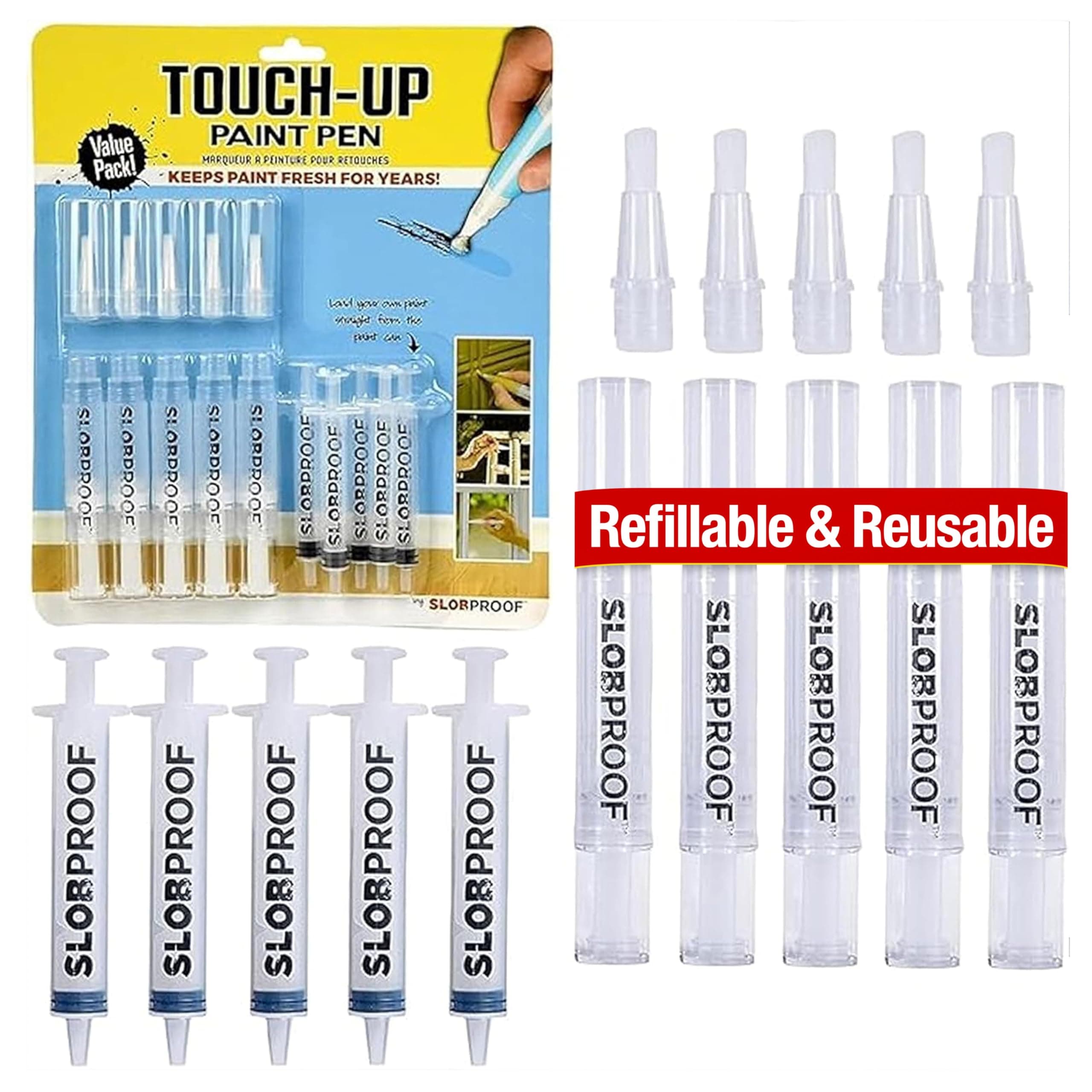 Slobproof Refillable Paint Brush Pens 5 in 1 Pack. Convenient Touch-Up with Easy To Use Syringes, Fillable Solution for Precision and Ease in Paint Touch-Ups. Ideal for Home, Wood and Paint Touch Ups
