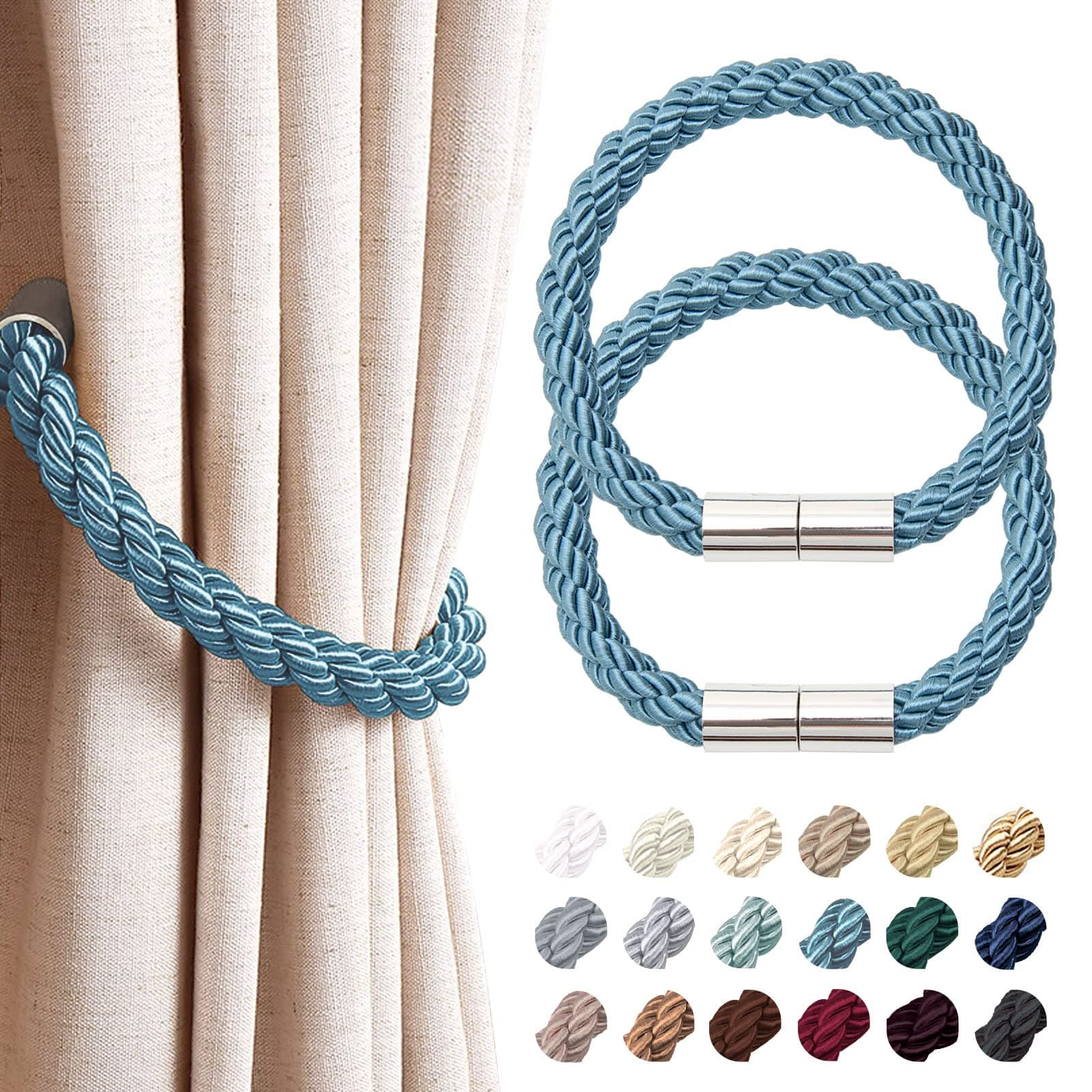 NICEEC 2 Pack Strong Magnetic Curtain Tiebacks Decorative Rope Holdbacks Convenient Ties Backs for Thin or Thick Window Draperies No Tools Required (Teal)