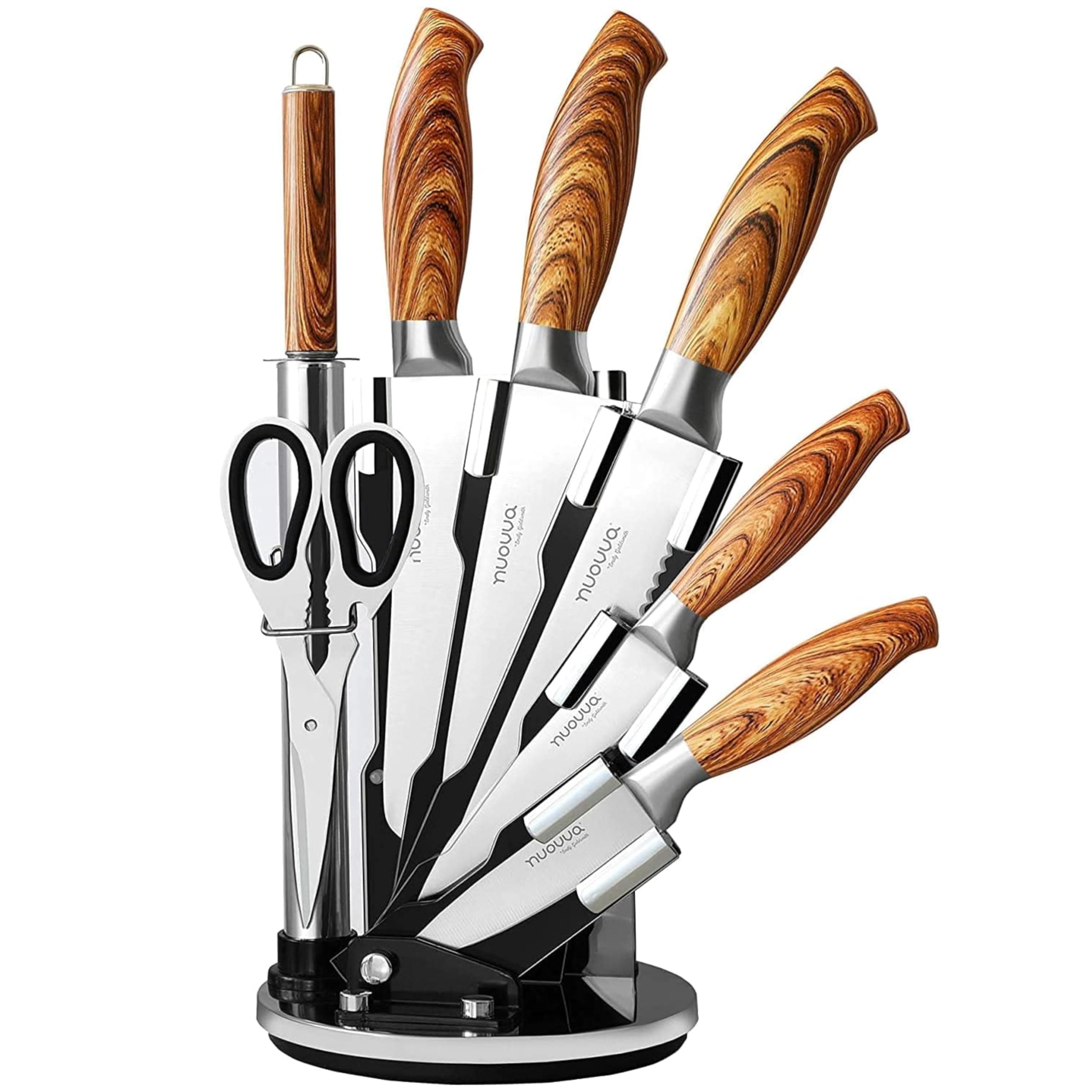 Sharp Kitchen Knife Set – 7Pcs Stainless Steel Blades with Wooden Style Handles – 360° Rotating Acrylic Knives Block Set with Sharpener – Chef, Bread, Utility, Scissors, Paring & Carving Tools