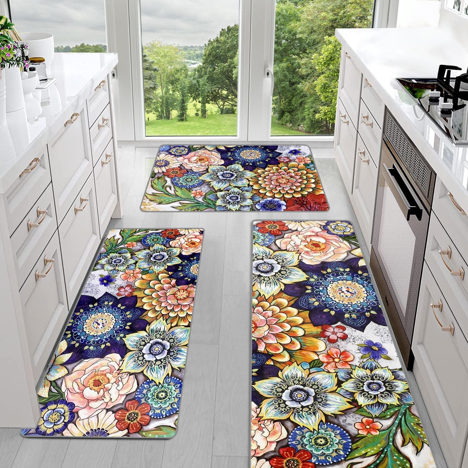Sofort Kitchen Mats for Floor, Boho Kitchen Rugs Sets of 3, Non Slip Washable Kitchen Runner Rug, Rugs for Kitchen Floor, Hallways, Entryway, Laundry (Colorful)