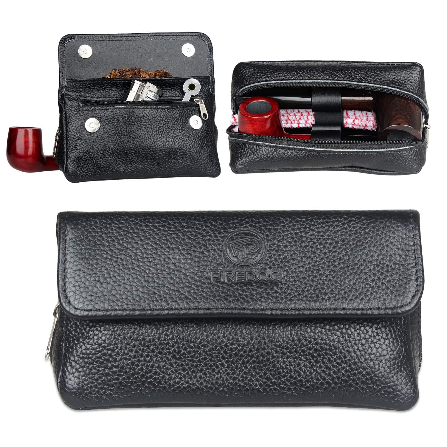 Leather Smoking Pipe Bag Pouch Case for 2 Pipes (Black)