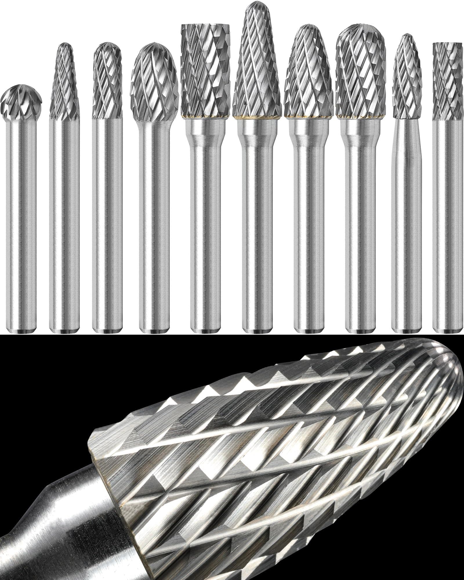 Carbide Burr Set 1/4" Shank 10PCS Die Grinder Bits Rotary Rasp File for Metal Wood Weld Concrete Stone Grinding Porting Deburring Engraving Polishing Double Cut