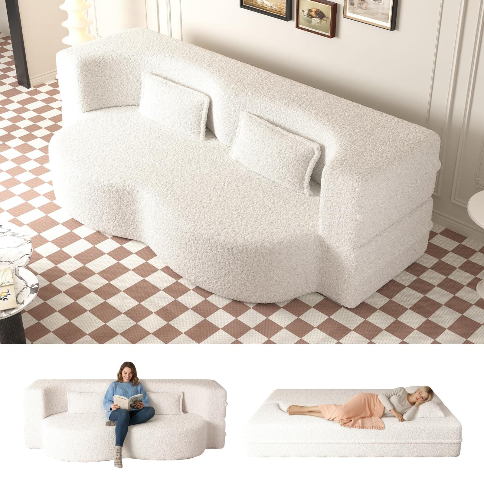 Folding Sofa Bed,15" Full Size Boneless Couch for Living Room, Convertible Teddy Fabric Foam-Filled Sleeper Futon Loveseat Couch for Living Room, Guest Use, Office, Apartmen (Beige)