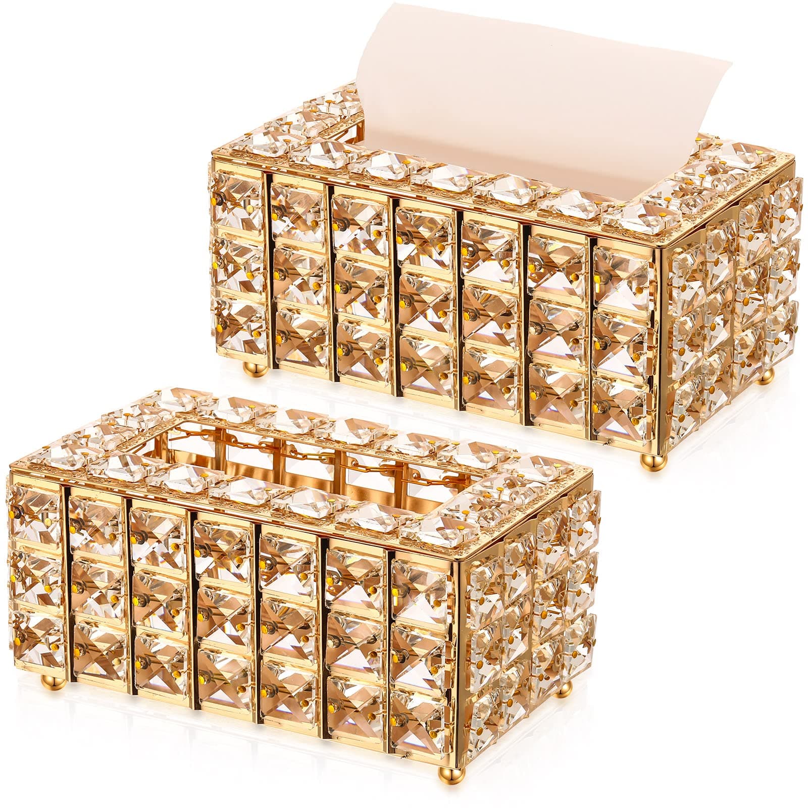 Nuenen 2 Pcs Rectangular Crystal Tissue Box Cover Decorative Crystal Bathroom Paper Box Sparkling Crystal Napkin Holder Facial Tissue Holder Tissue Box Holder for Bathroom Kitchen Dining Room (Gold)