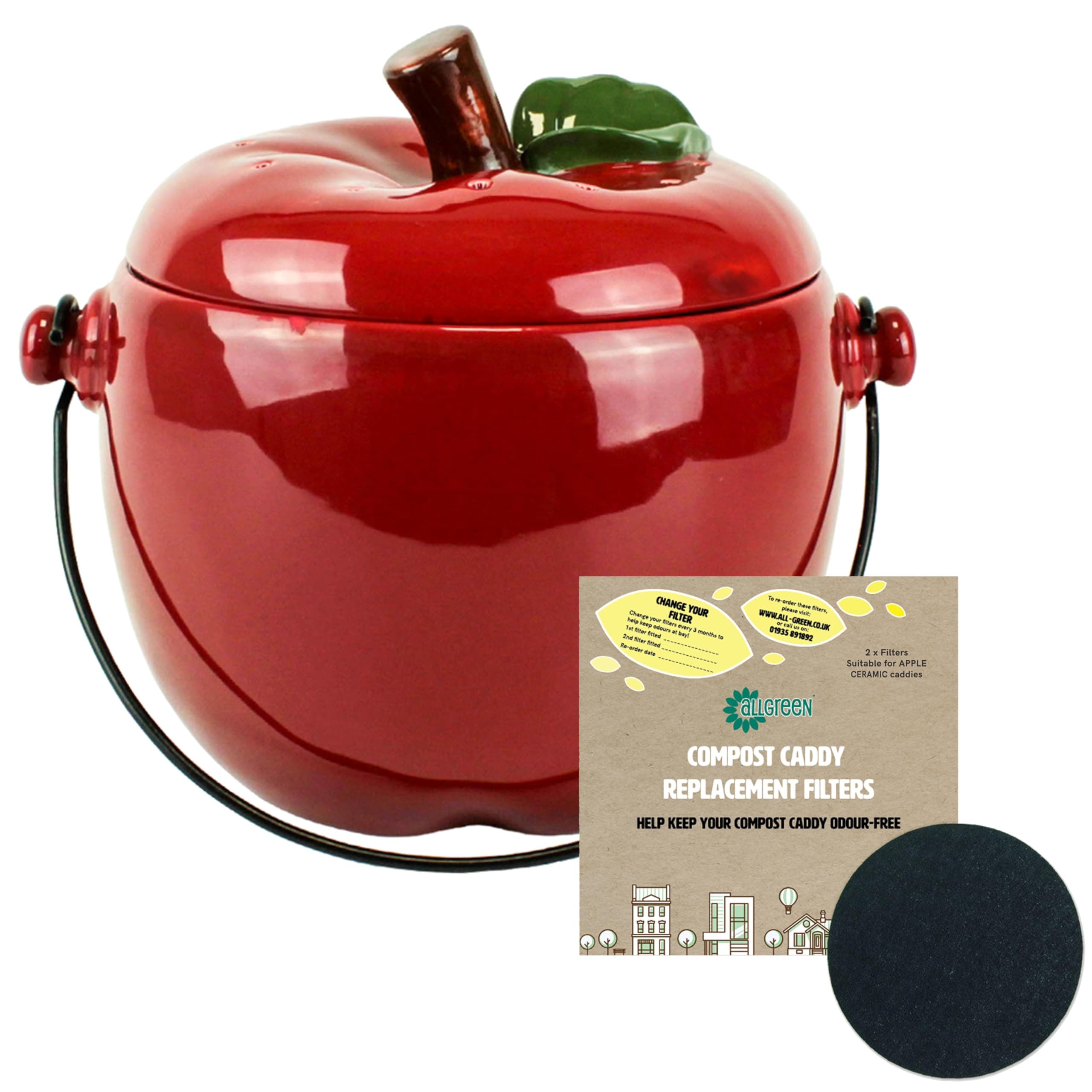 Red Apple Ceramic Compost Caddy/Kitchen Food Waste Bin (3.5 Litre) & 1 x Filter Pack