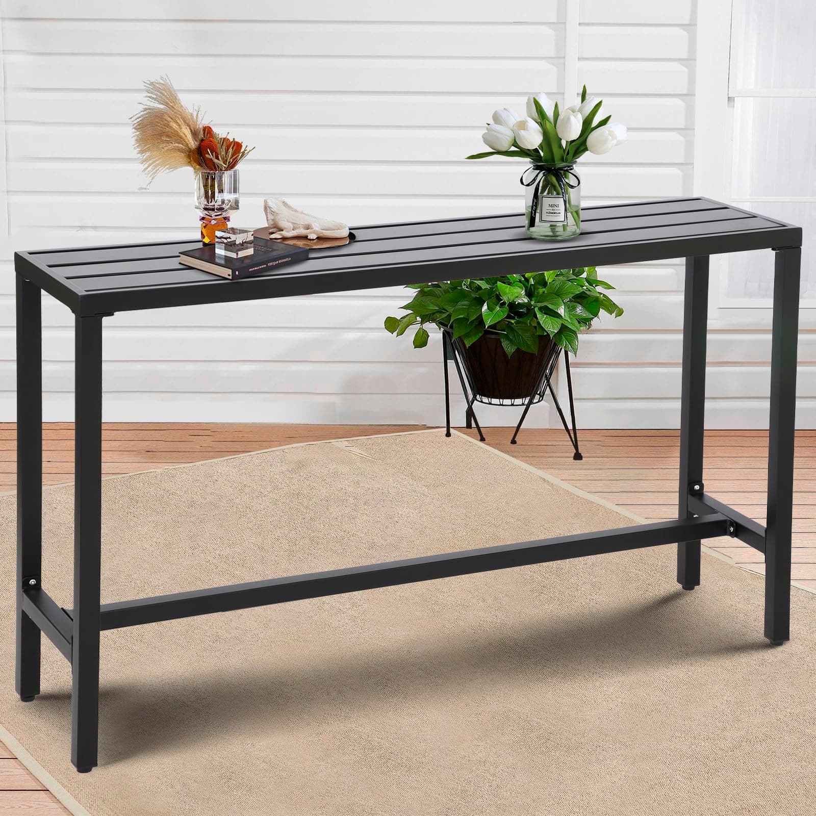 Outdoor Bar Table, Patio Counter Height Bar Table, 63" Rectangle Bar Table for Patio, Garden, Yard, Balcony, Poolside (Black, 63“)