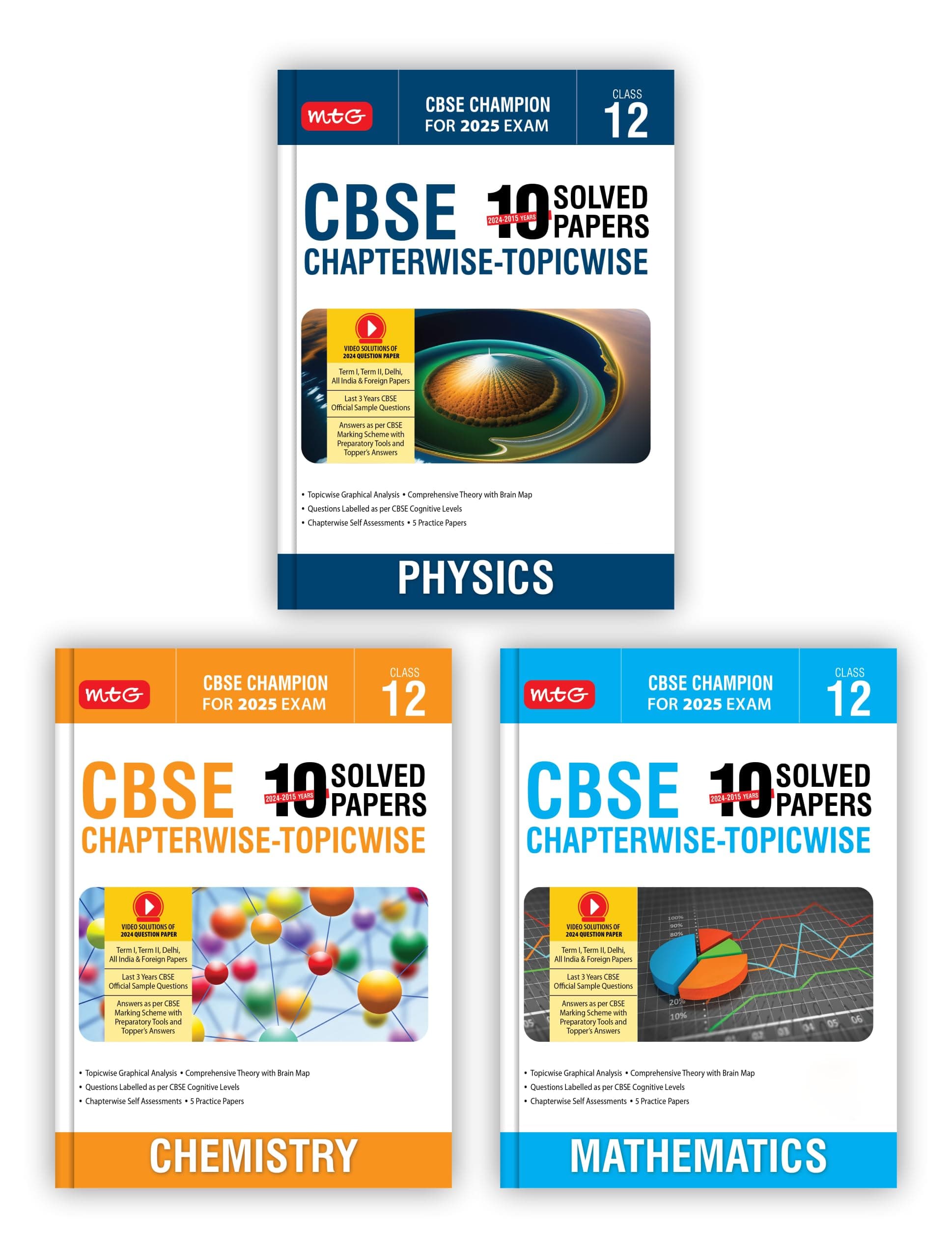 MTG CBSE 10 Years (2024-2015) Chapterwise Topicwise Solved Papers With Question Bank Class 12 Physics, Chemistry, Mathematics (Set of 3 Books) - CBSE Champion For 2025 Exam | Video Solution of PYQs