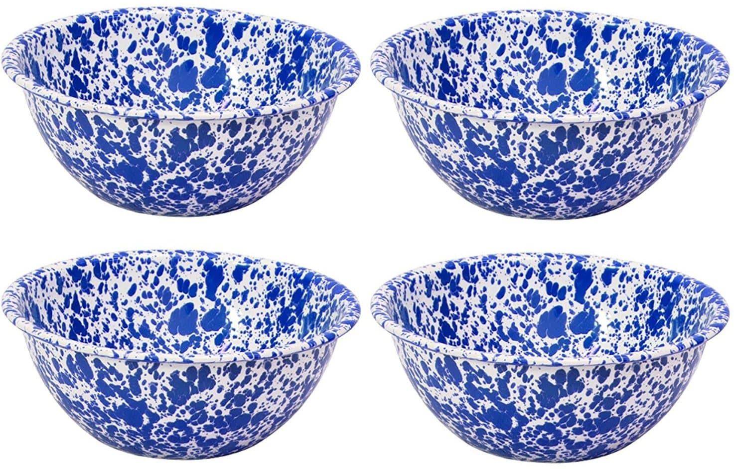 Crow Canyon Enamelware Round Salad Serving Bowl, Classic Tableware - Set of 4 - Blue Marble Pattern, 8.5 Inches