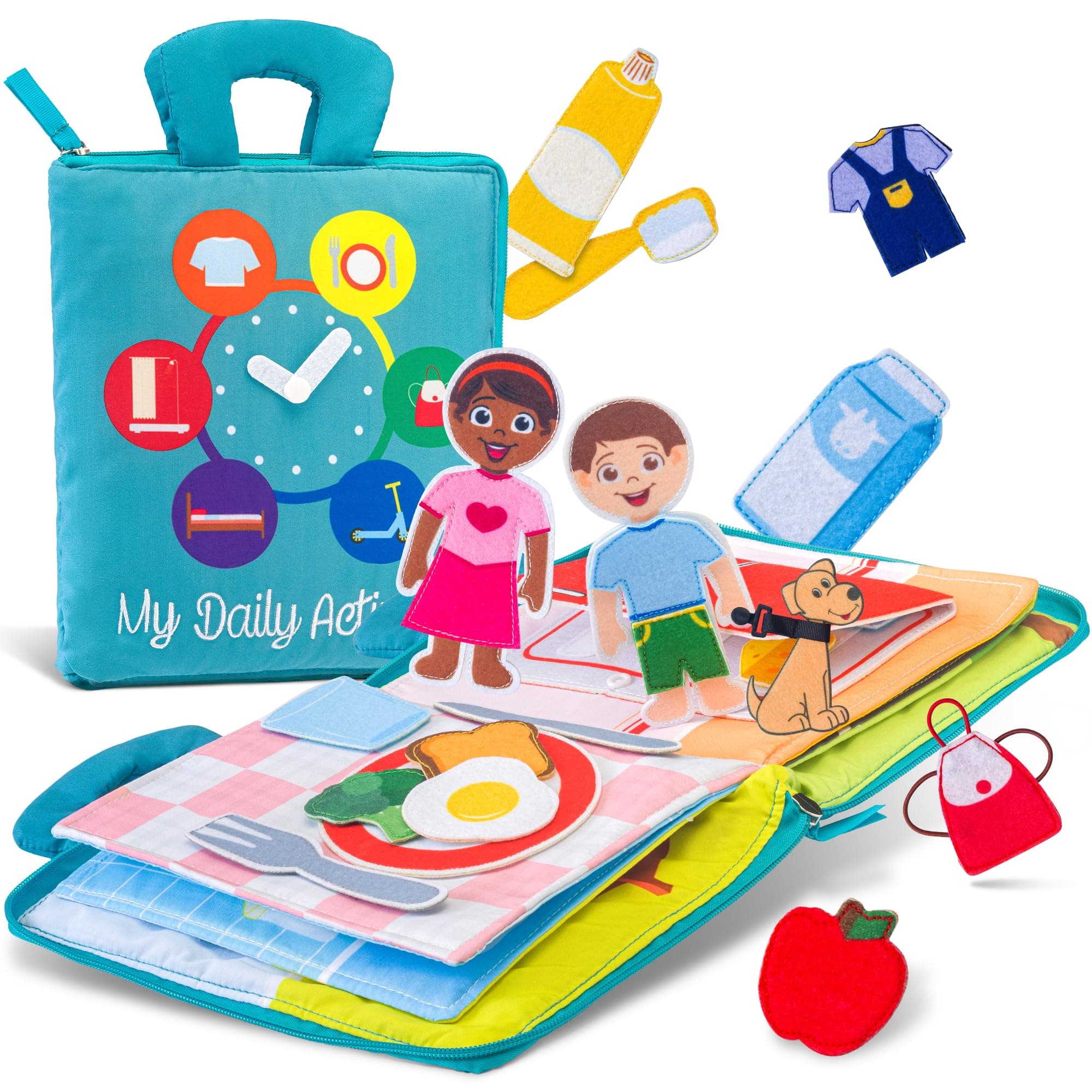 deMoca Activity Book for Toddlers – Soft Learning Sensory Quiet Book for Boys and Girls, Montessori Cloth Book with 10 Interactive Daily Activities, Travel Toy for Kids