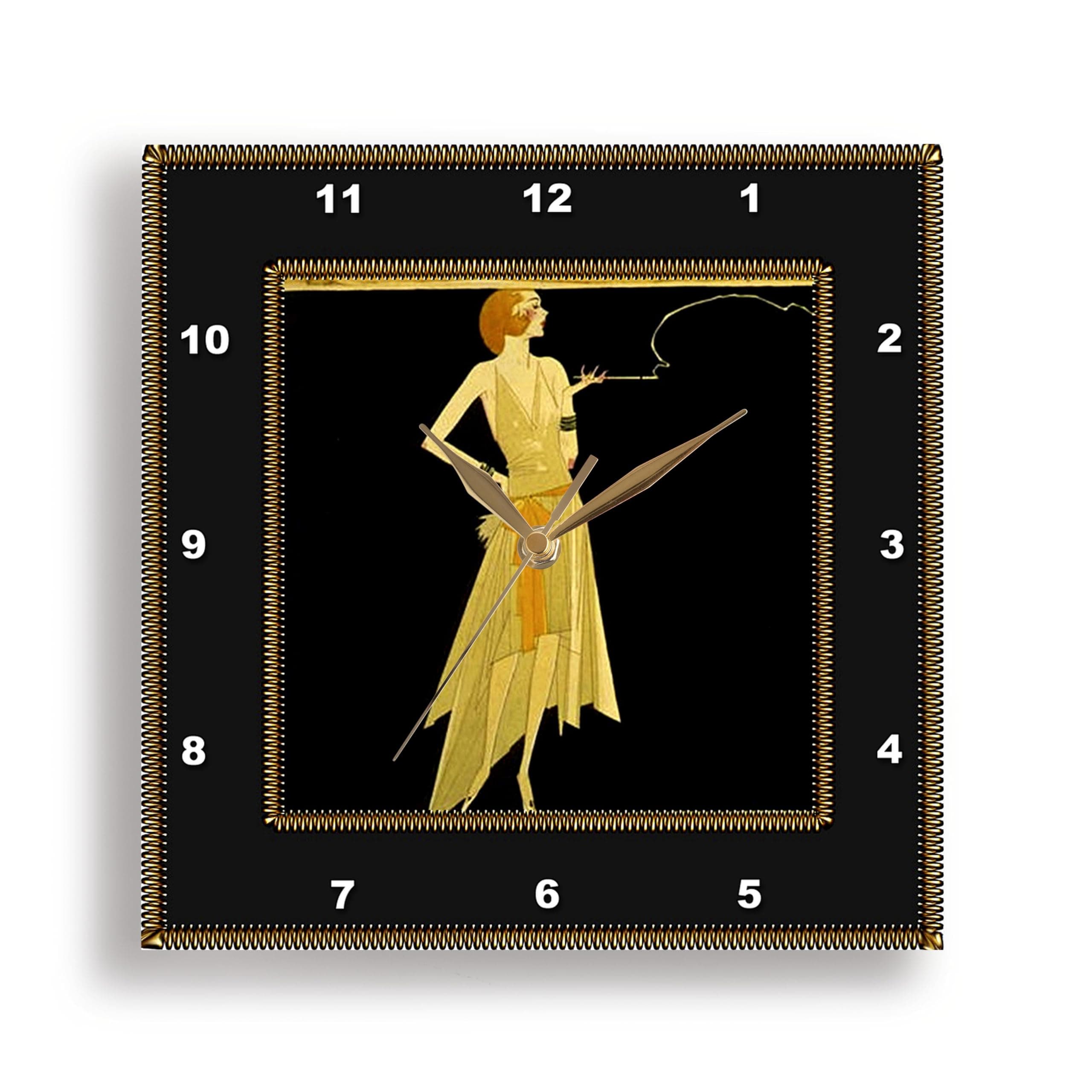 3dRose LLC DPP_39590_3 Wall Clock, 15 by 15-Inch, Art Deco Lady on Black with Gold Frame