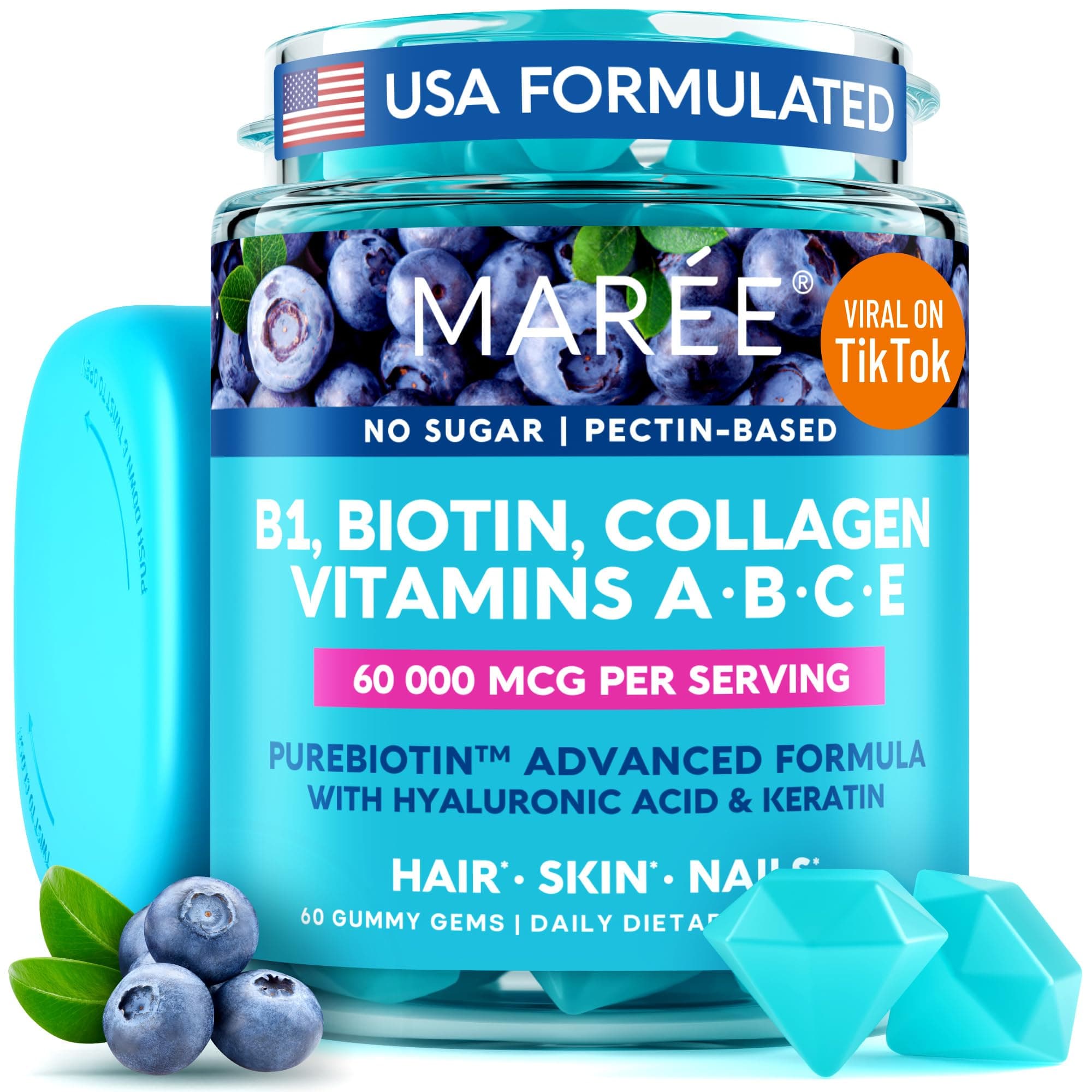 MAREEVitamin B1 Thiamine & B7 Biotin Gummies - A E D C Vitamins Complex with Keratin, Collagen, Hyaluronic & Pantothenic Acid for Skin, Nails & Hair