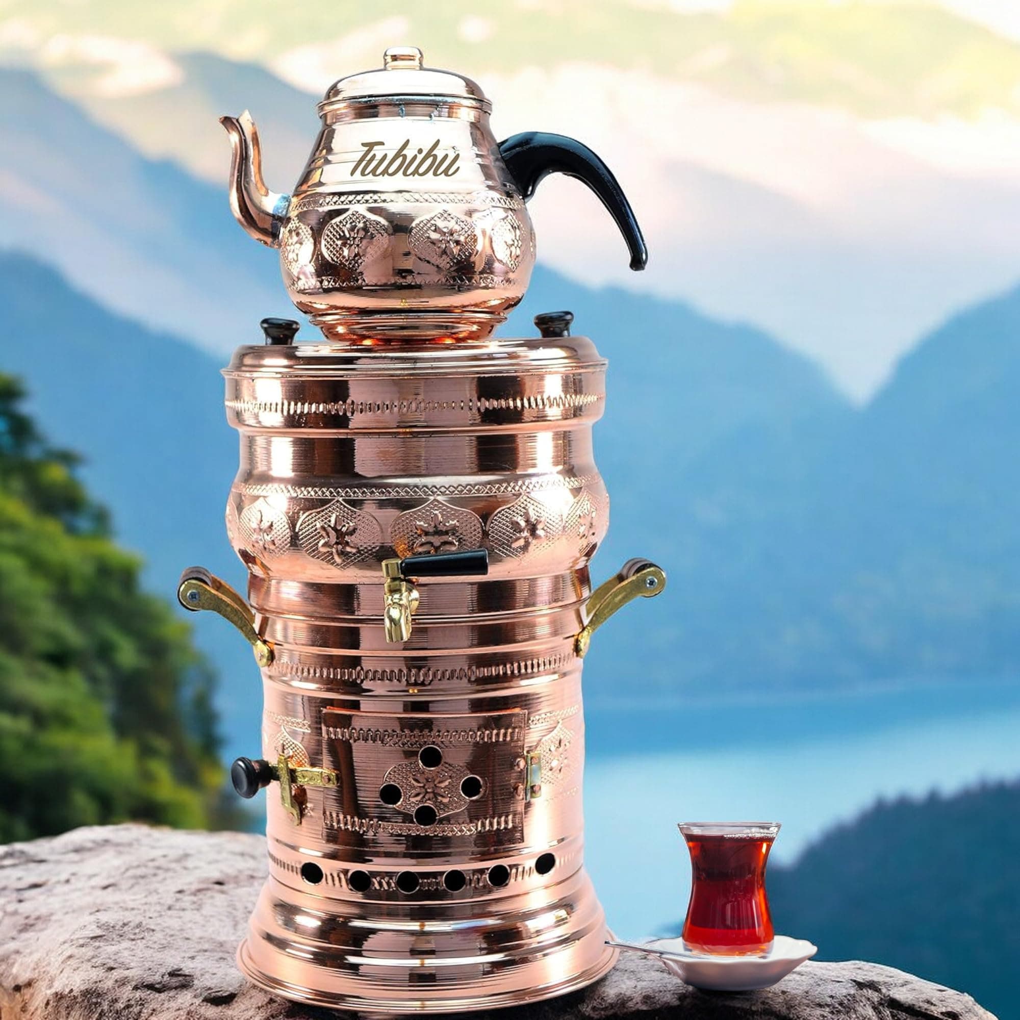 Tubibu Samovar Tea Pot Set Charcoal Handmade Real Copper Samovar (Copper, Medium)