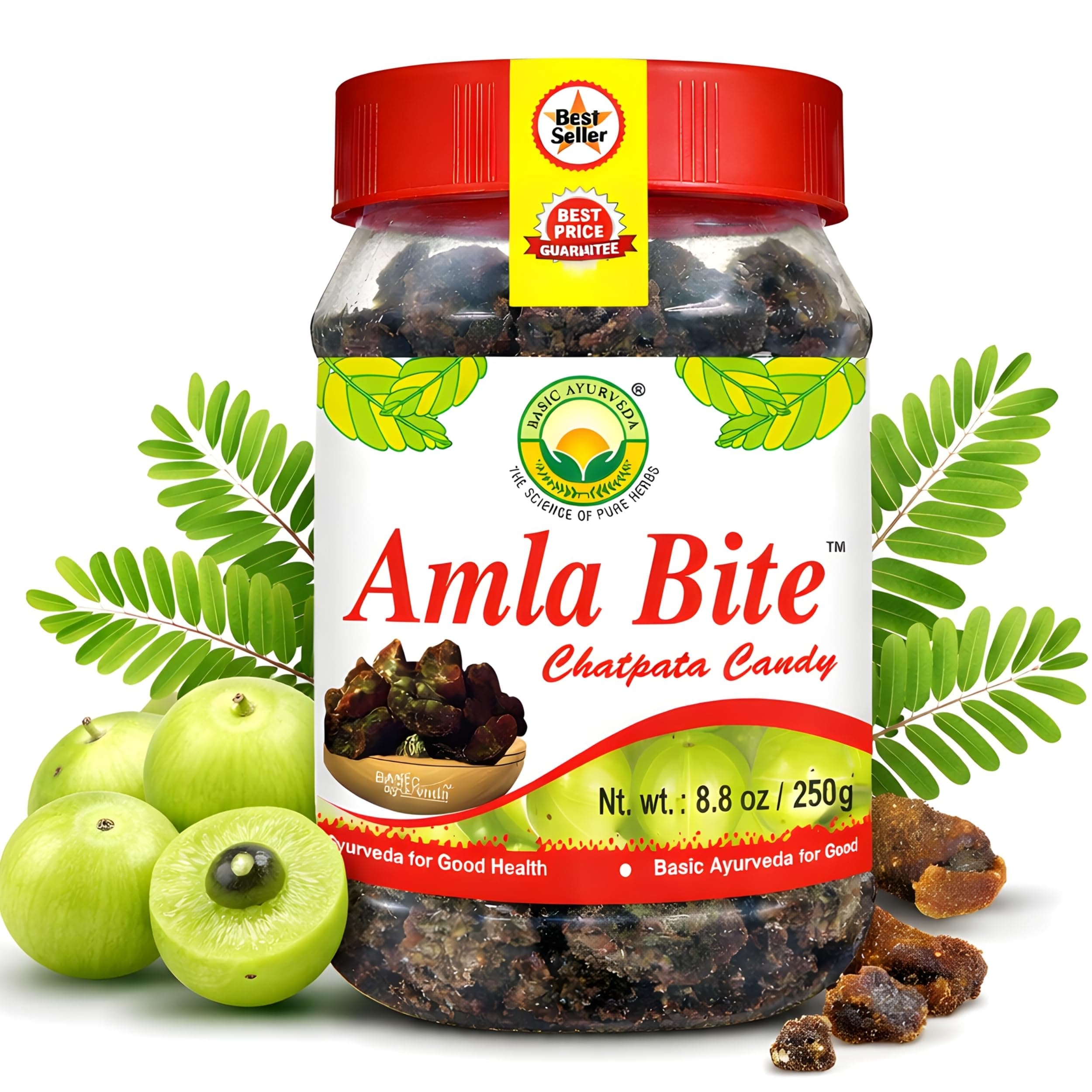 Basic Ayurveda Amla Bite Chatpata Candy | 8.82 Oz/250g | Sweet & Sour Flavor | Dried Indian Gooseberry Fruit Treat | Soft & Chewy | Natural Source of Vitamin C | Vegan & Gluten-Free