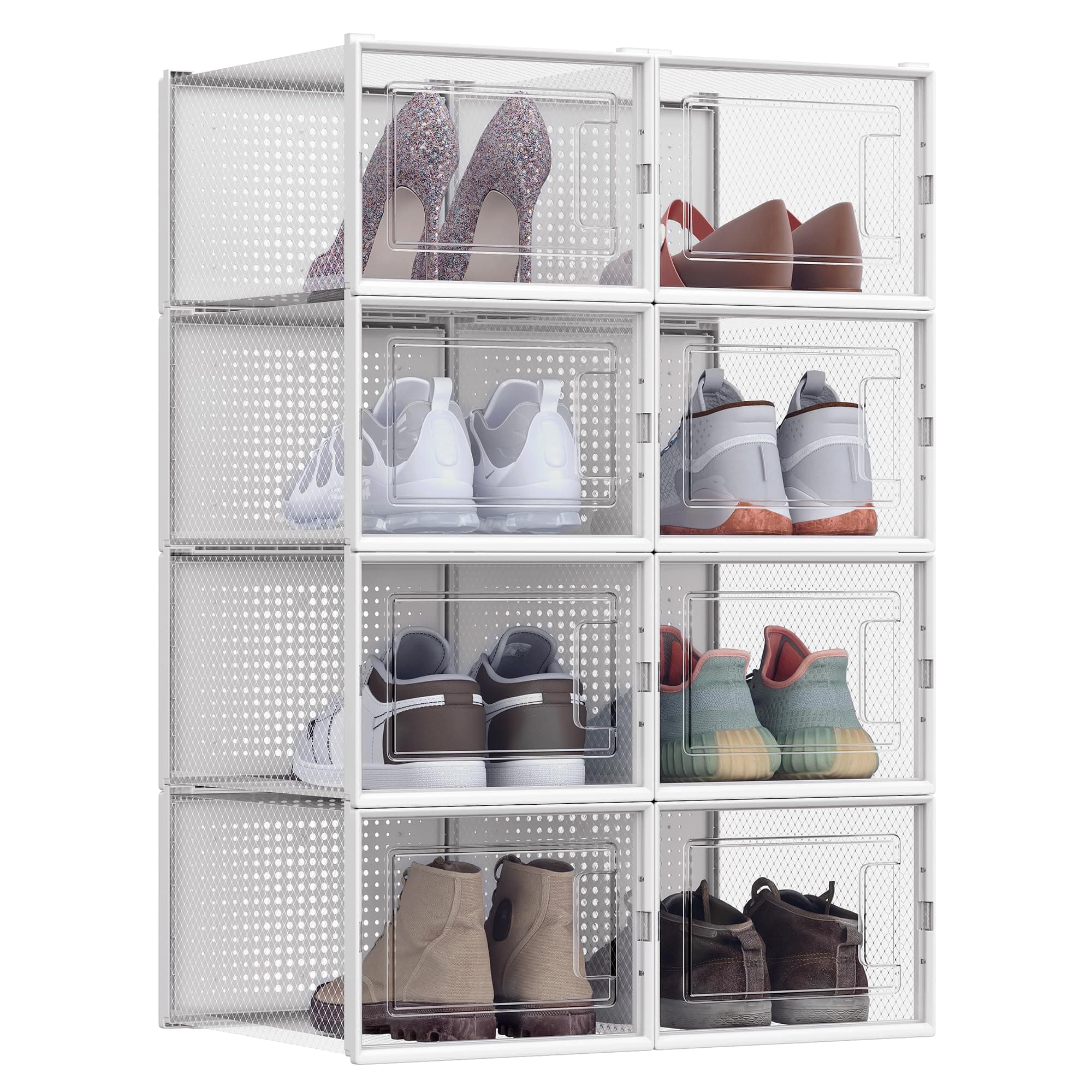 Shoe Boxes, Pack of 8 Stackable Shoe Storage Organisers, Foldable and Versatile for Sneakers, Fit up to UK Size 11, Transparent and White LSP08MWT