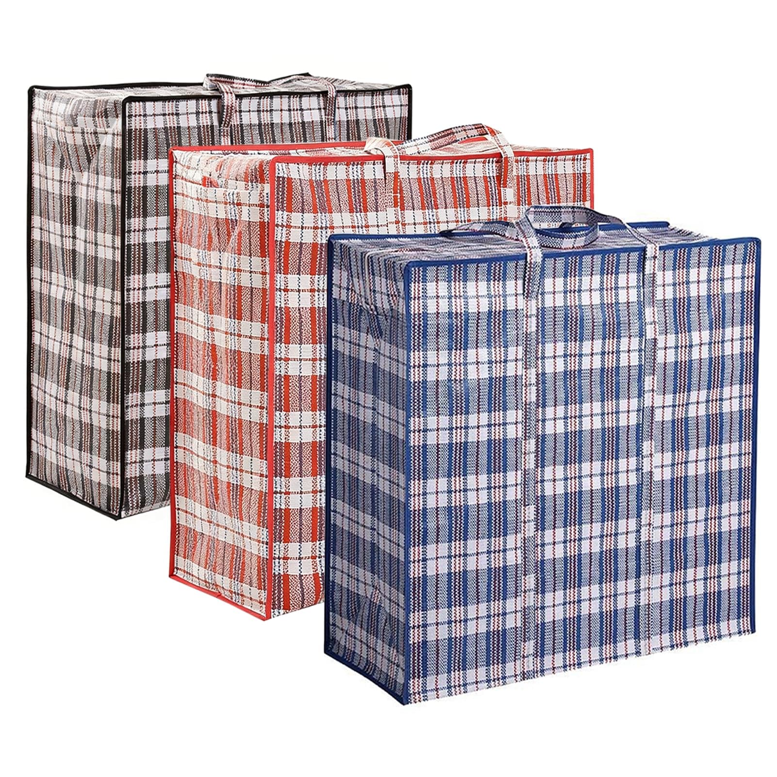 3 Pack 158L Extra Large Moving Bags with Zippers & Carrying Handles, Heavy-Duty Tote Storage Bags Closet Organizers Laundry Bag, Plaid Bag for Traveling, 27.5" x 11.8" x 29.5", Red/Black/Blue